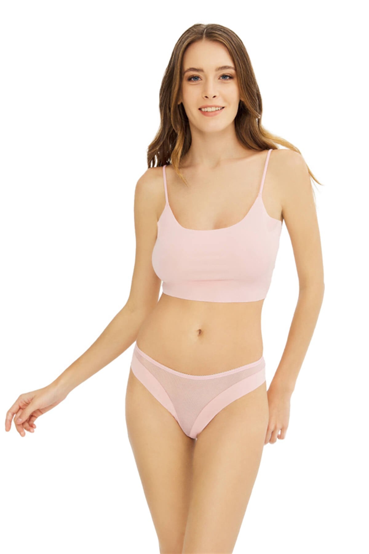 Pudra Transparan Tül Detaylı Lazer Kesim Kadın Bikini Külot