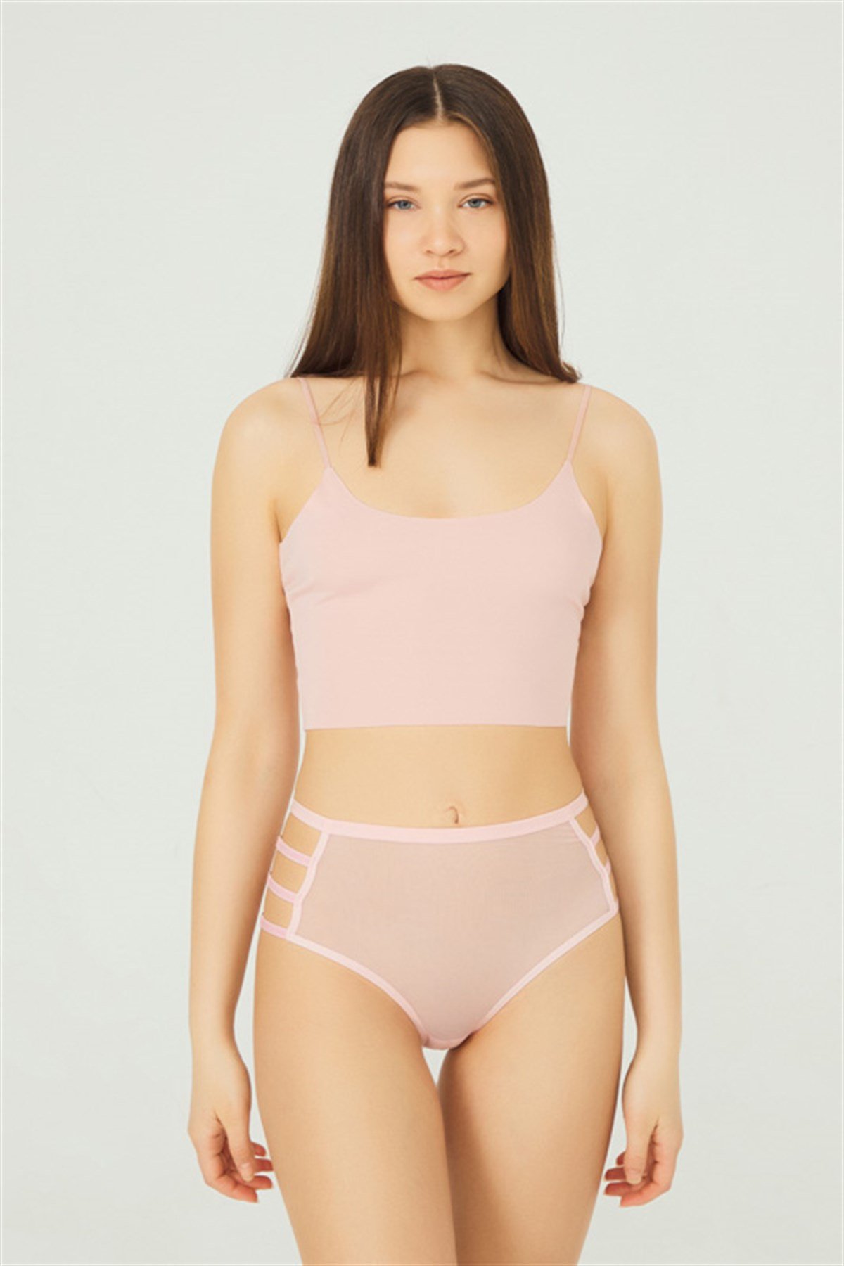 Pudra Lastik Detaylı Yüksek Bel Bikini Külot