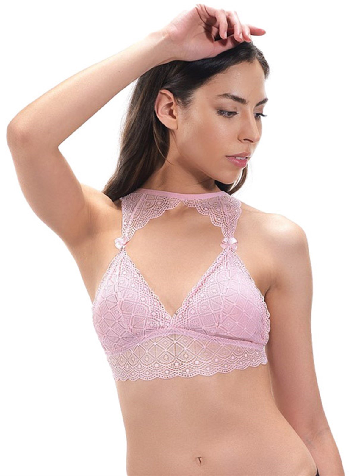 Pudra Yaka Detaylı Dantelli Kaplı Balensiz Kadın Bralet Büstiyer