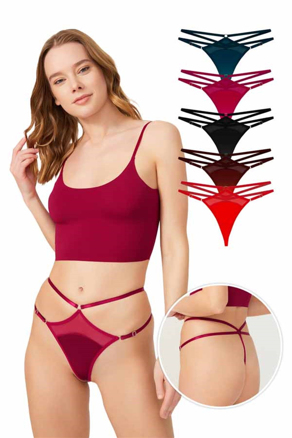Saten Tül Detaylı Ayarlanabilir Lastikli String Külot 5'li Paket