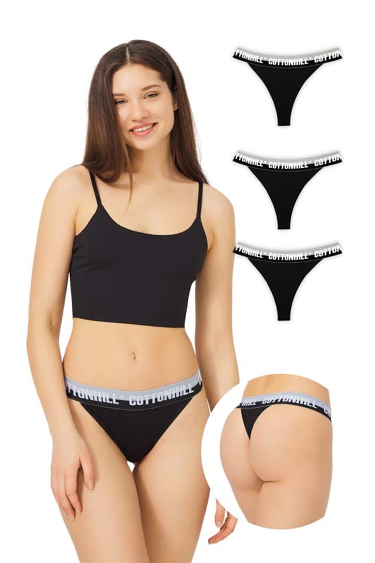 Siyah Basic Lastik Şeritli Pamuklu Tanga Külot 3'lü Paket