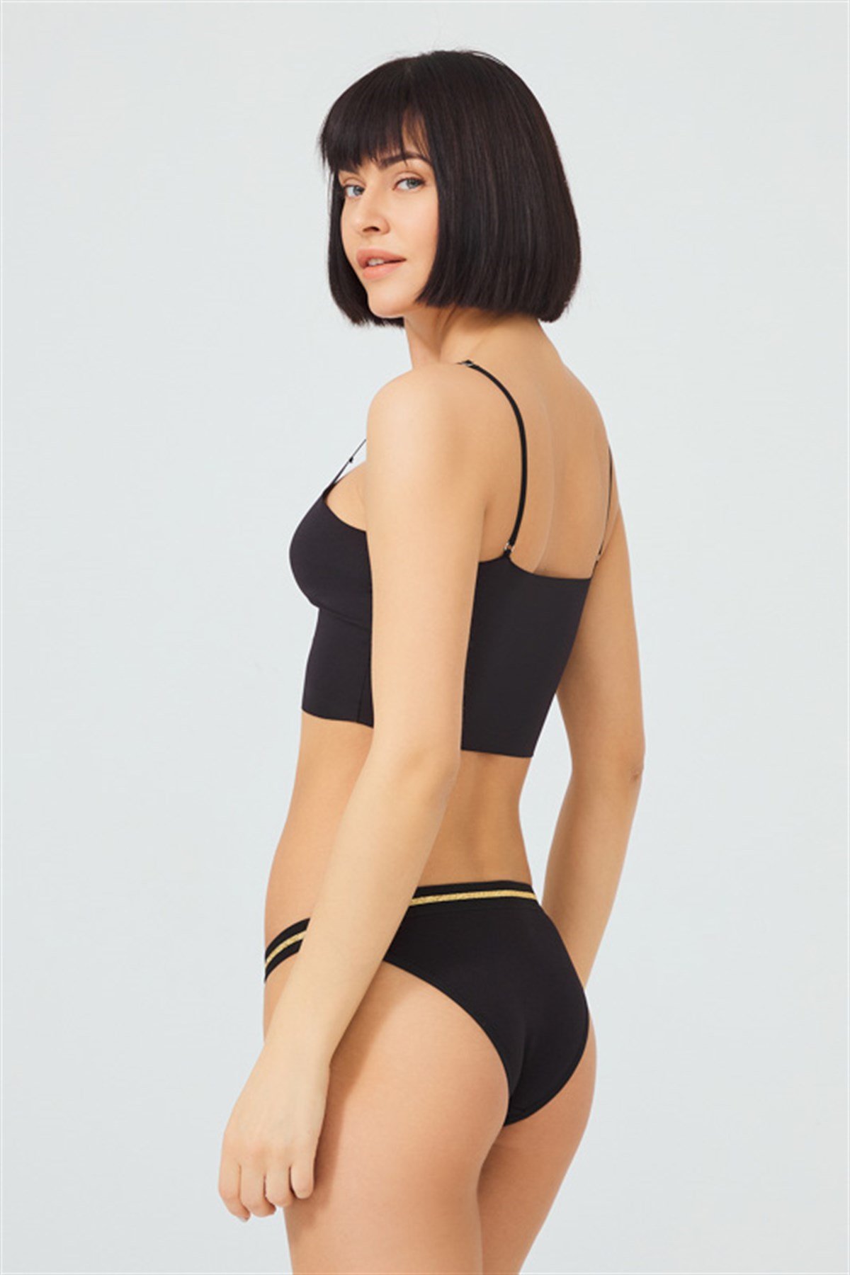 Siyah Simli Şerit Lastikli Pamuk Kadın Bikini Külot
