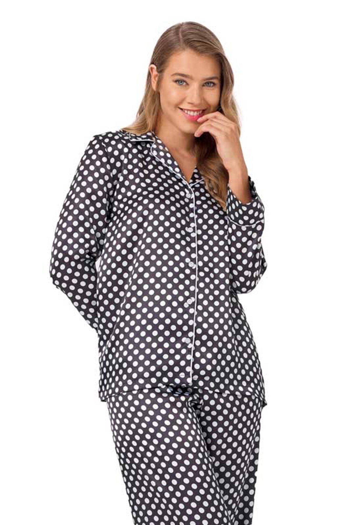 Siyah Beyaz Puantiyeli Önden Düğmeli Saten Kadın Pijama Takımı