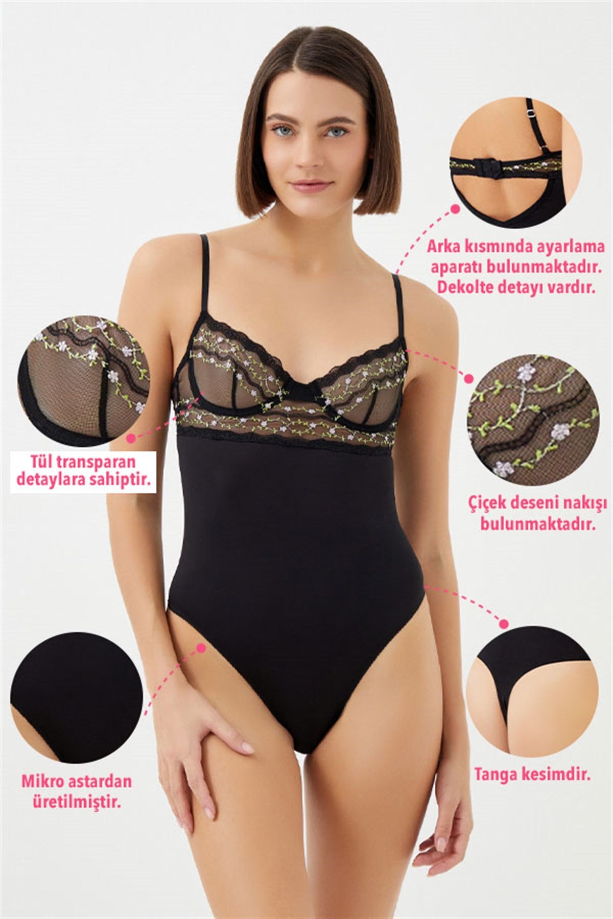 Siyah Çiçek Nakışlı Balenli Dantel Detaylı Ayarlanabilir Askılı Kadın Bodysuit