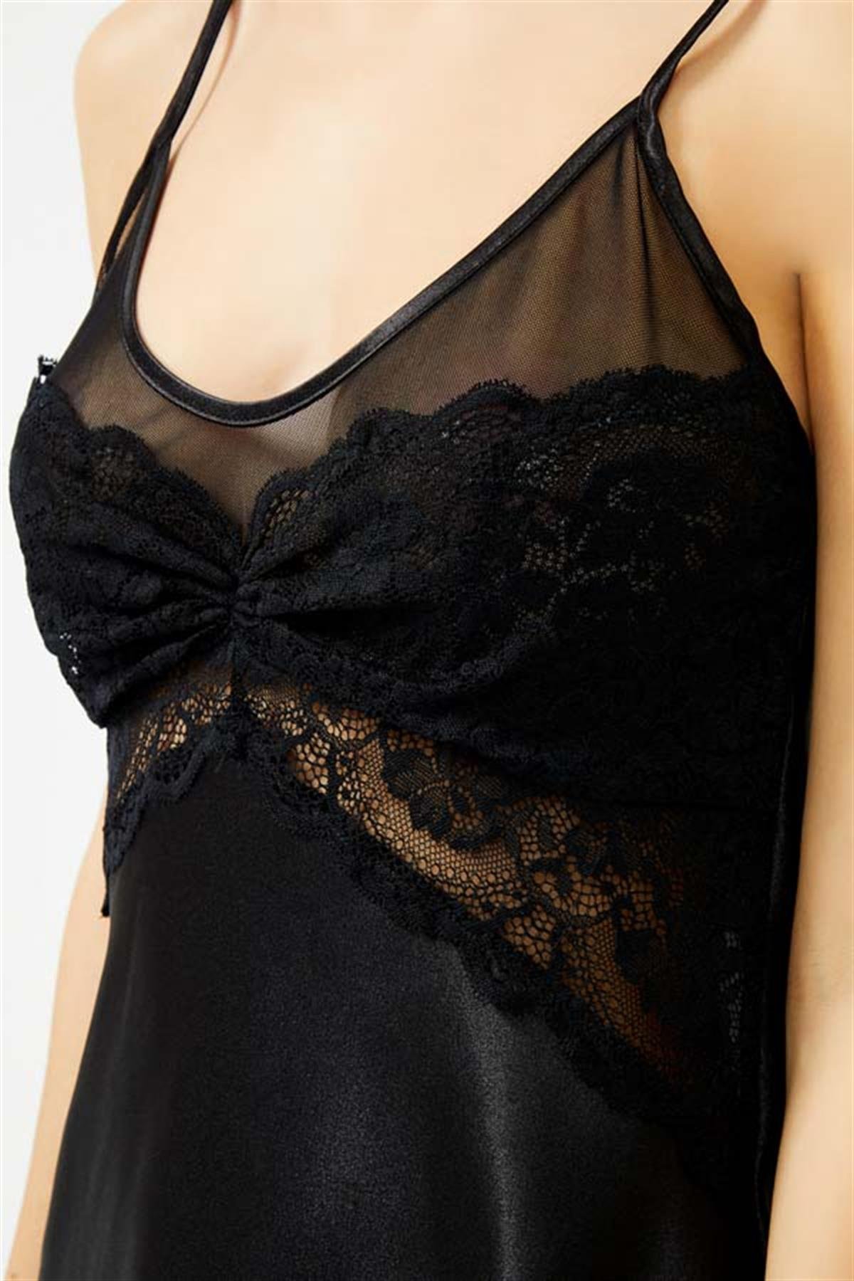 Siyah Dantel Detaylı Ayarlanabilir Askılı Saten Babydoll Gecelik