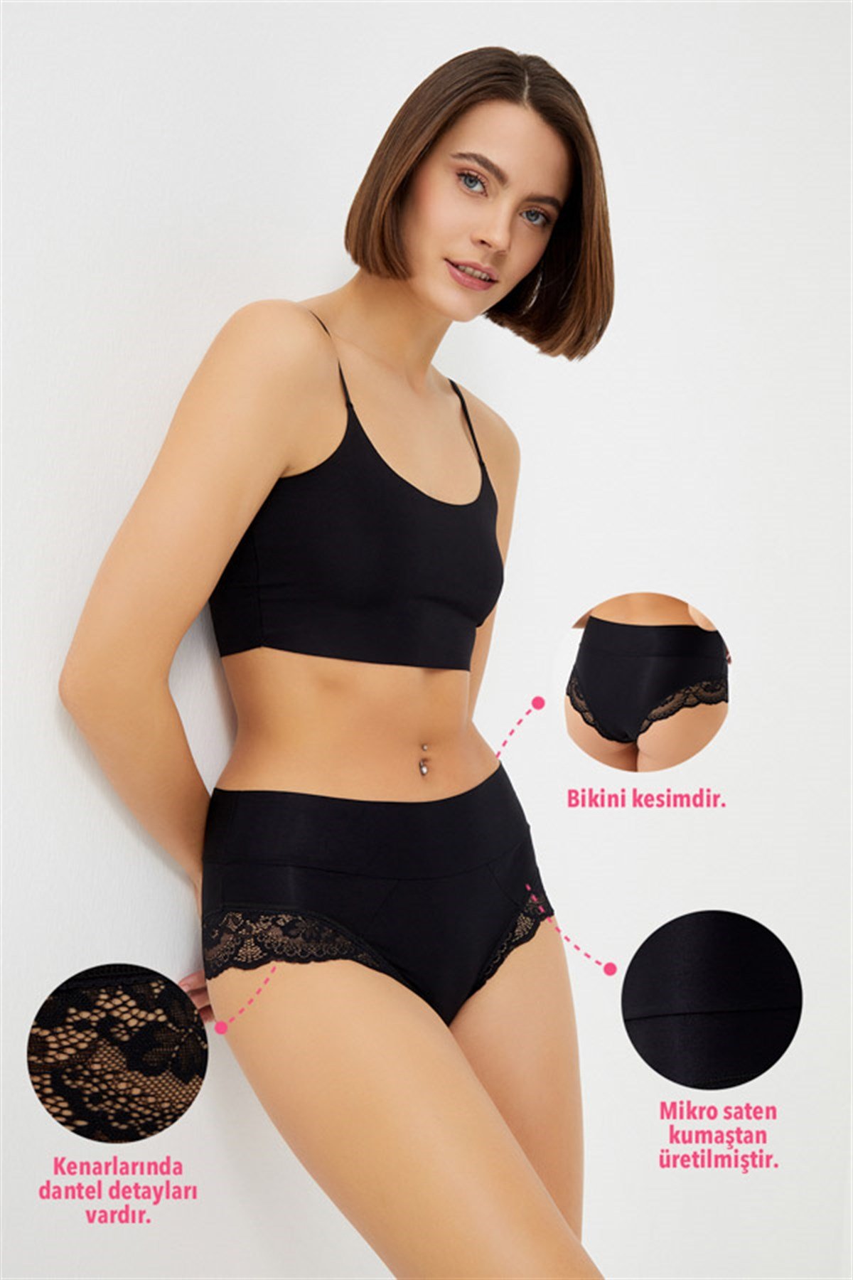 Siyah Dantel Detaylı Mikro Saten Yüksek Bel Kadın Bikini Külot