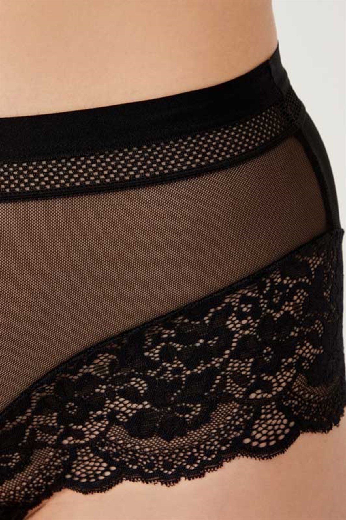 Siyah Dantel Detaylı Transparan Büyük Beden Bikini Külot