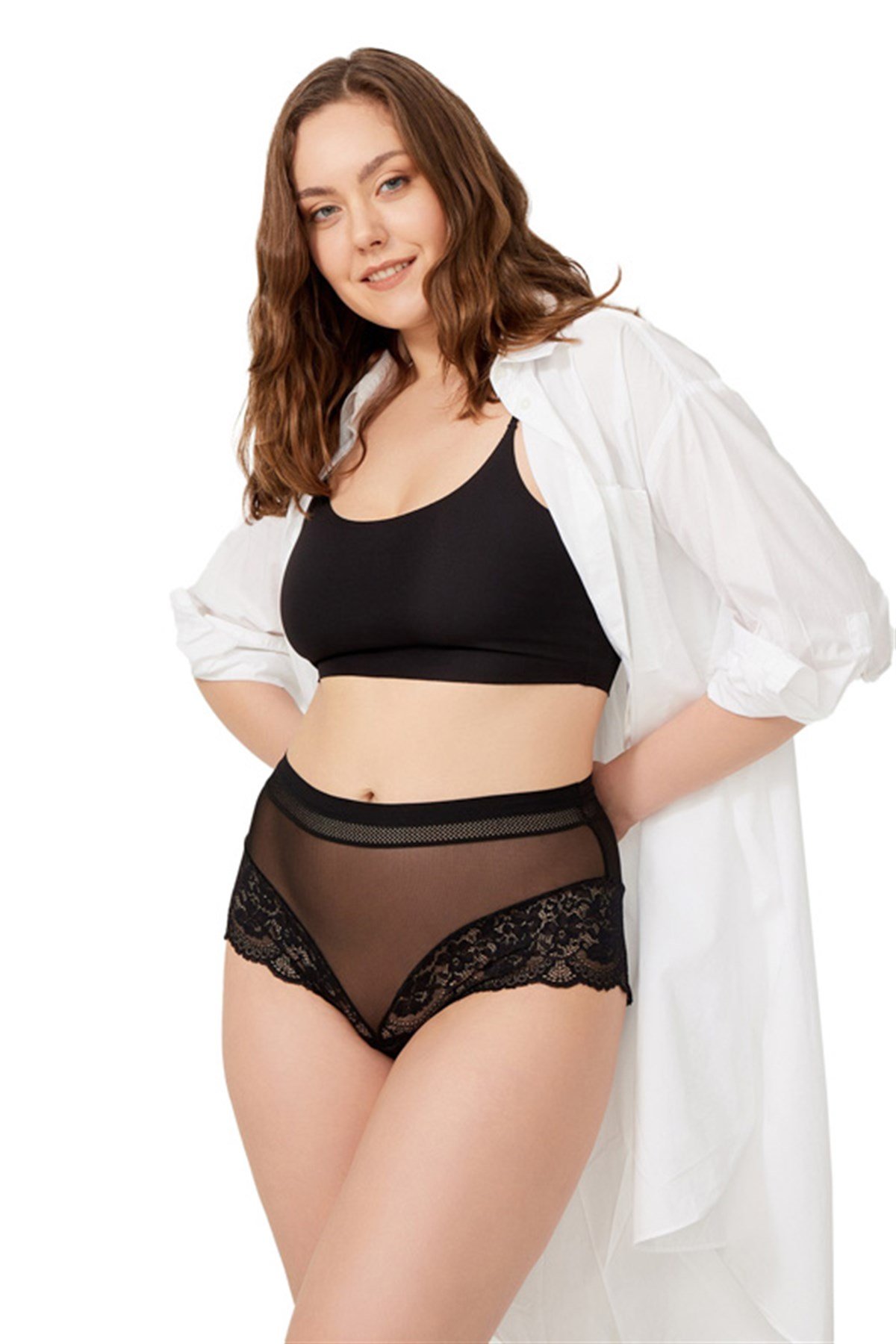Siyah Dantel Detaylı Transparan Büyük Beden Bikini Külot