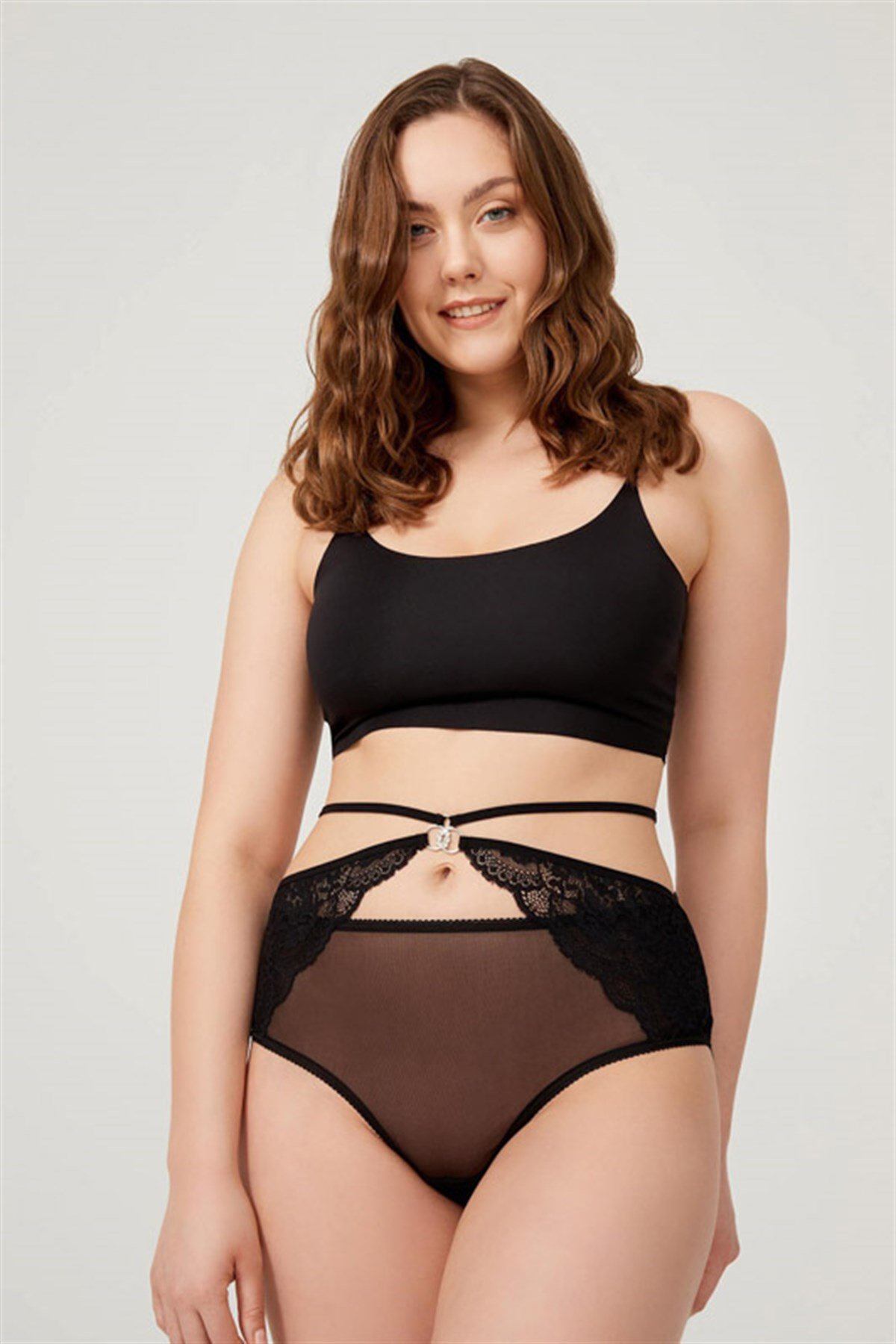 Siyah Önü Tül Arkası Dantelli Büyük Beden Bikini Külot
