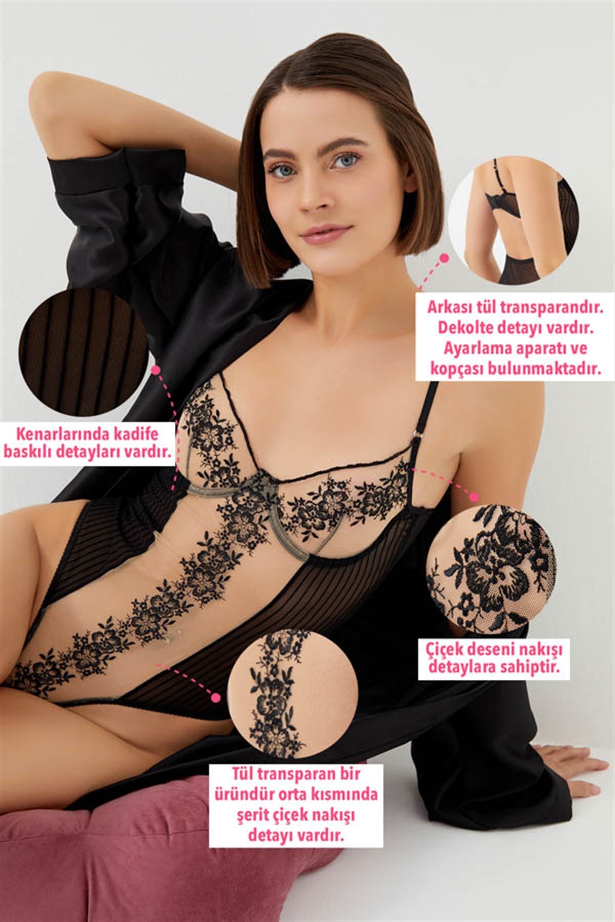 Siyah Transparan Tül Çiçek Nakışlı Ayarlanabilir Askılı Balenli Kadın Bodysuit