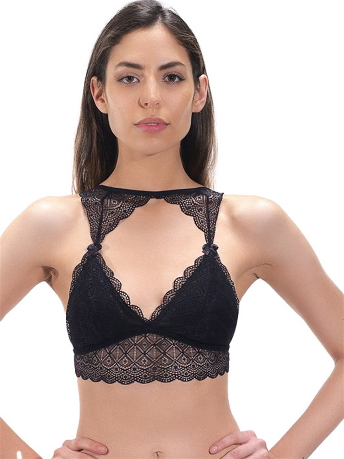 Siyah Yaka Detaylı Dantelli Kaplı Balensiz Kadın Bralet Büstiyer