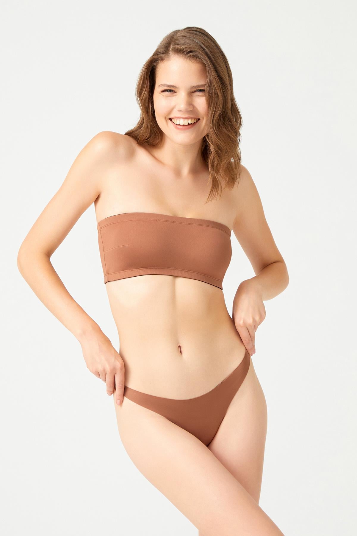 Straplez Crop Top Büstiyer Sütlü Kahve