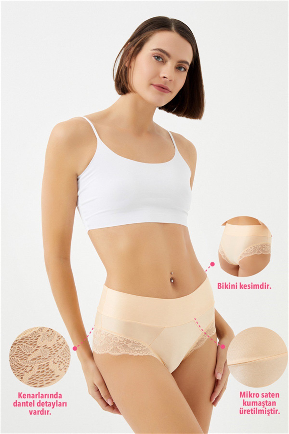 Ten Dantel Detaylı Mikro Saten Yüksek Bel Kadın Bikini Külot