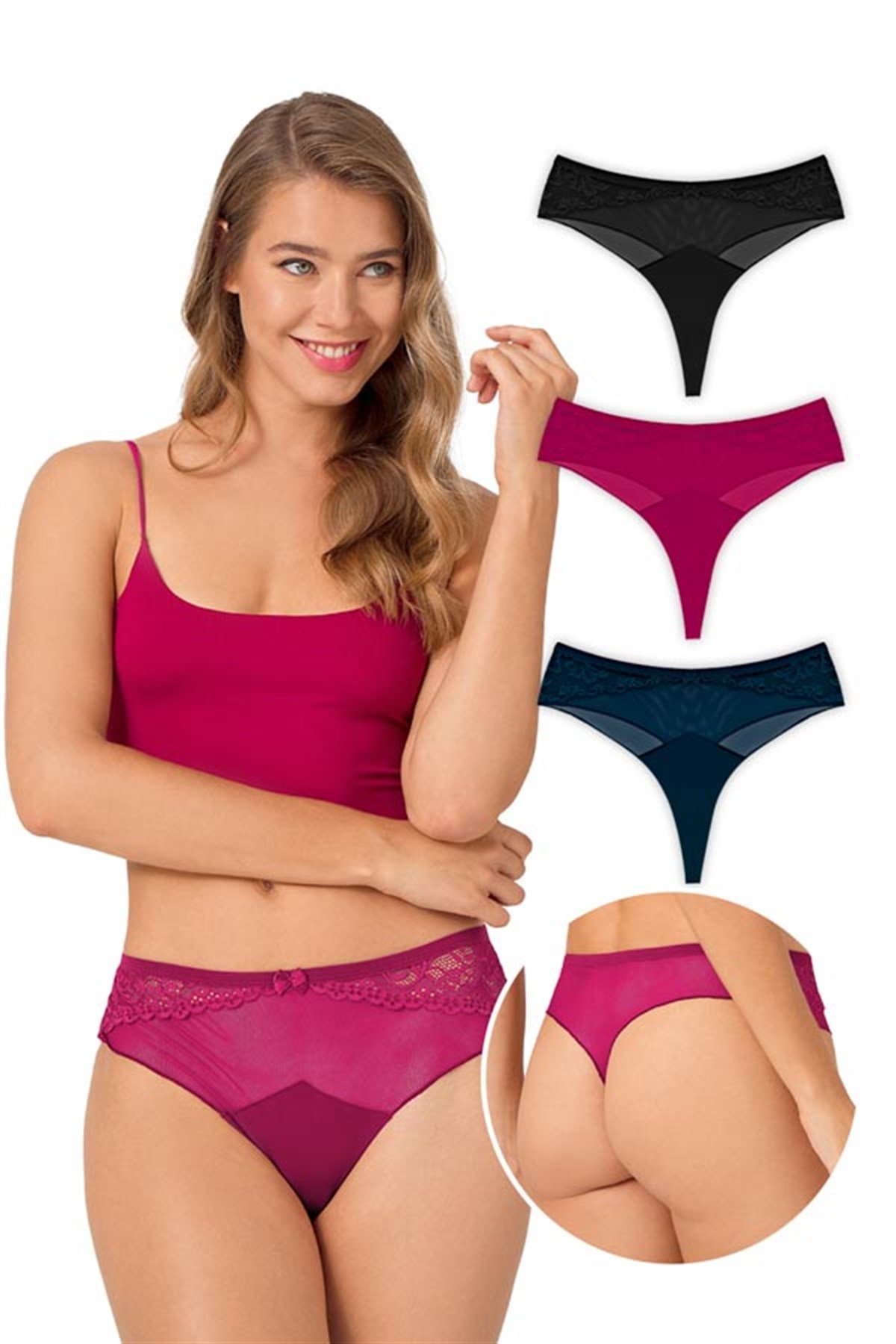 Transparan Dantel İşlemeli Kadın Tanga Külot 3'lü Paket - 3