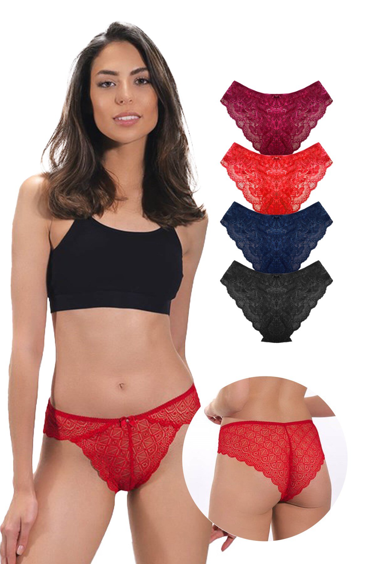 Transparan Dantelli Kadın Bikini Külot 4'lü Paket