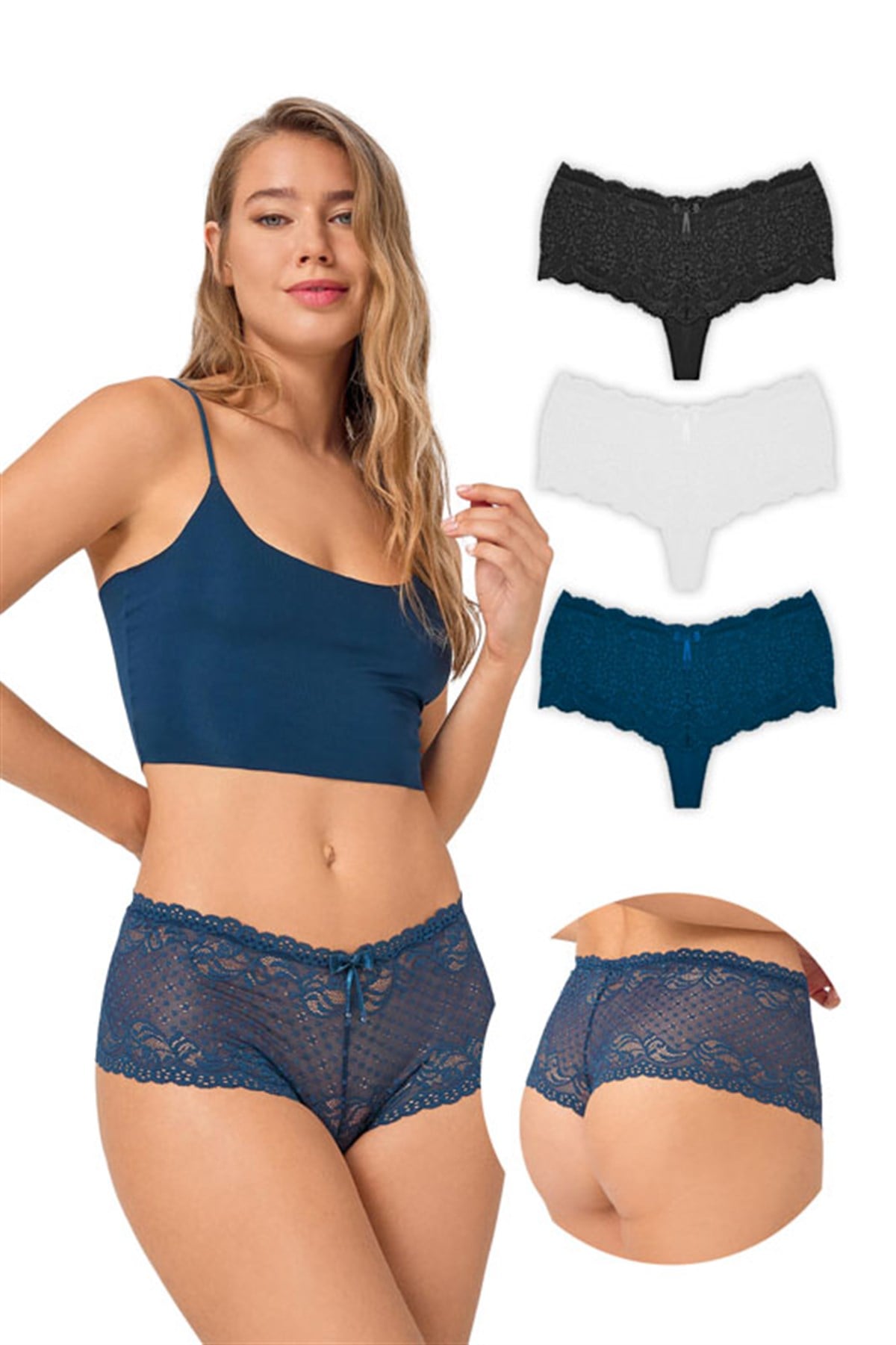 Transparan Dantelli Kadın Tanga Şort Külot 3'lü Paket - 3