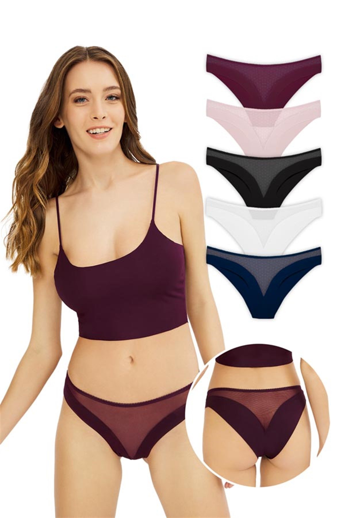 Transparan Tüllü Lazer Kesim Kadın Bikini Külot 5'li Paket