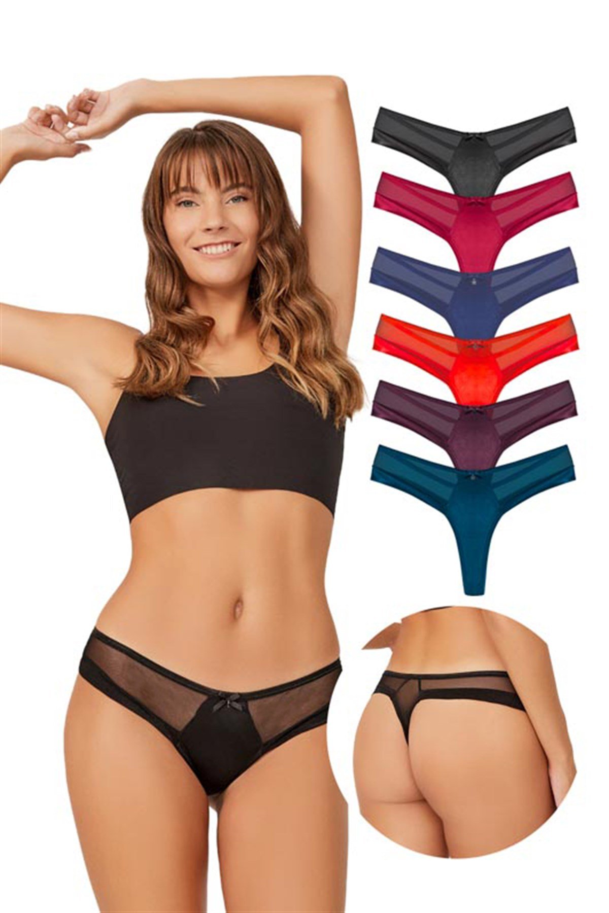 Transparan Tüllü Saten Detaylı Kadın Tanga 6'lı Paket Külot