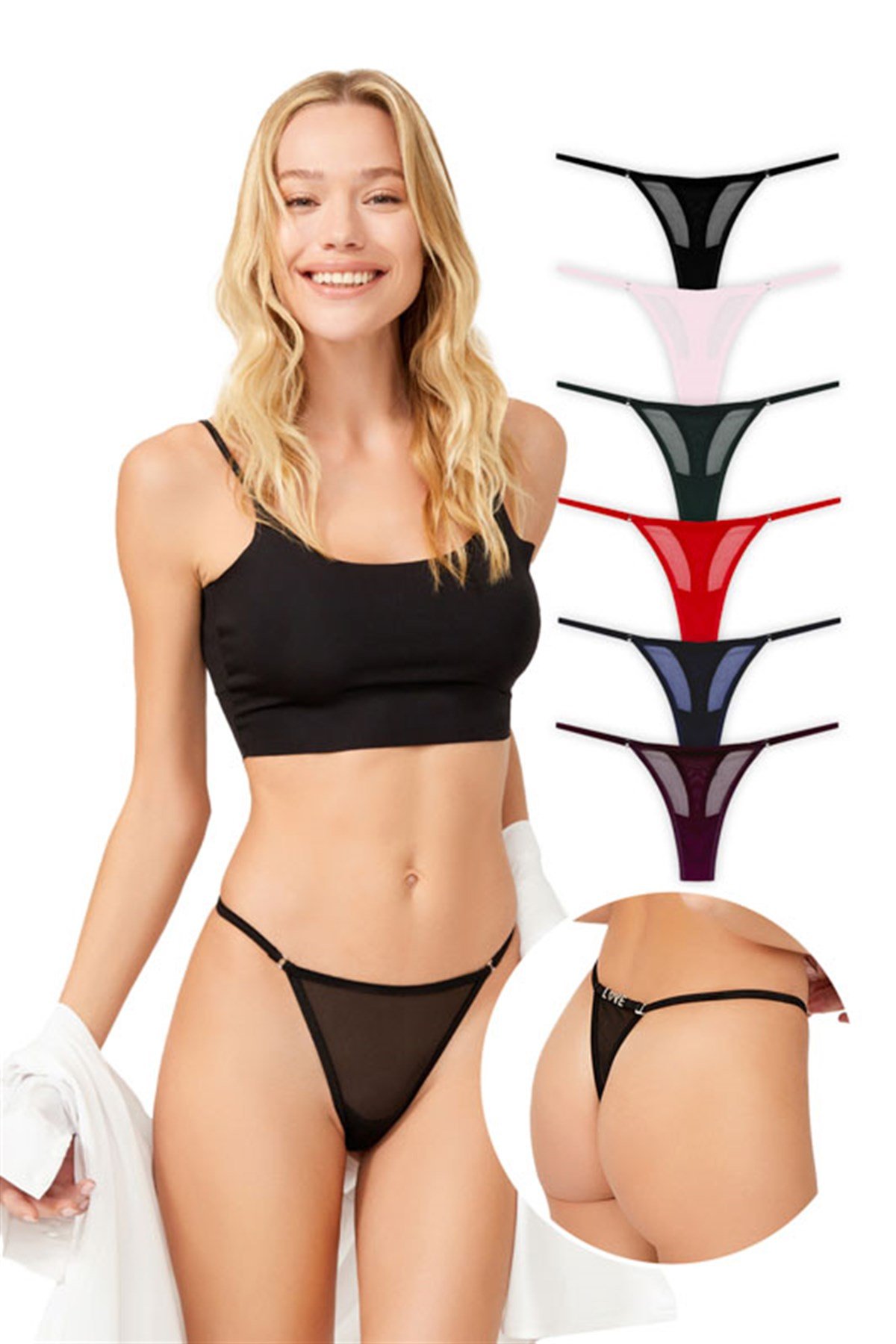 Tül Çıkarılabilir LOVE Yazı Detaylı Tanga 6'lı Paket Külot