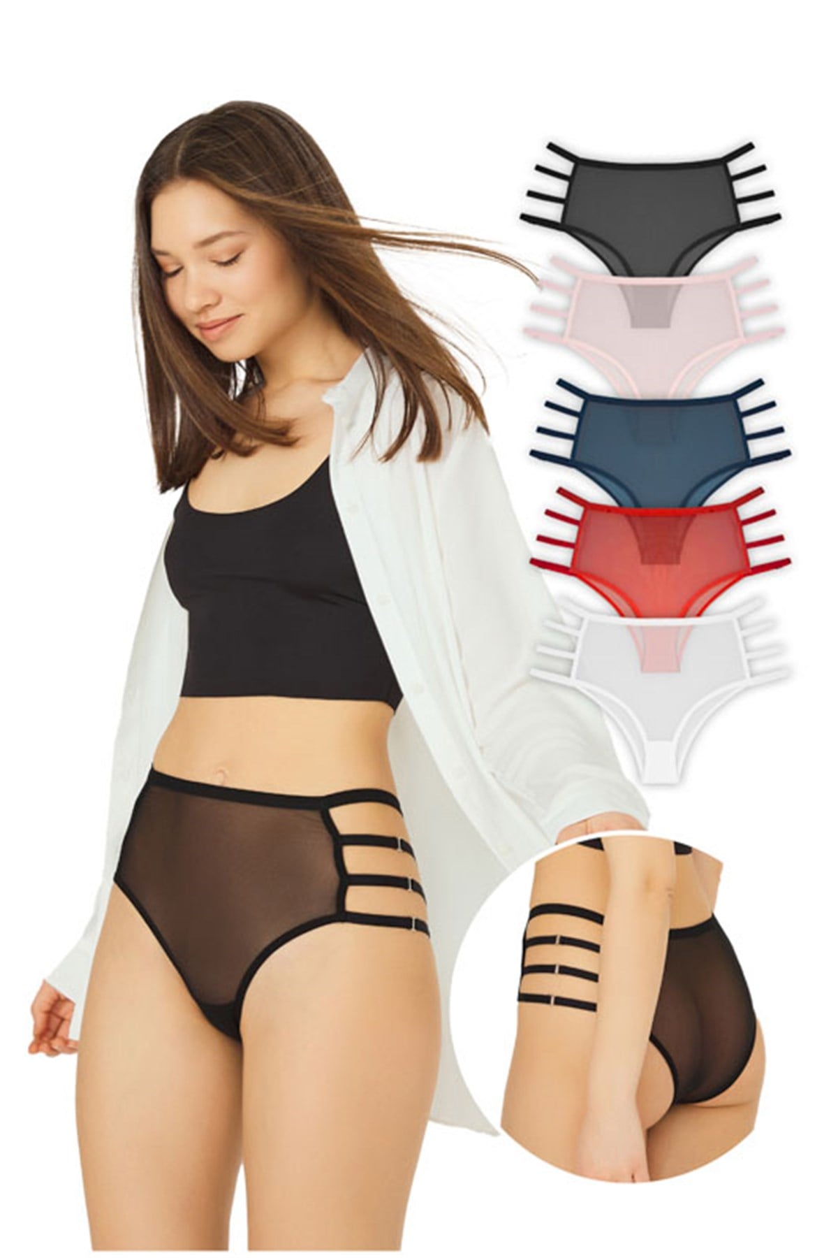 5'li Paket Tül Transparan Lastik Detaylı Yüksek Bel Bikini Külot