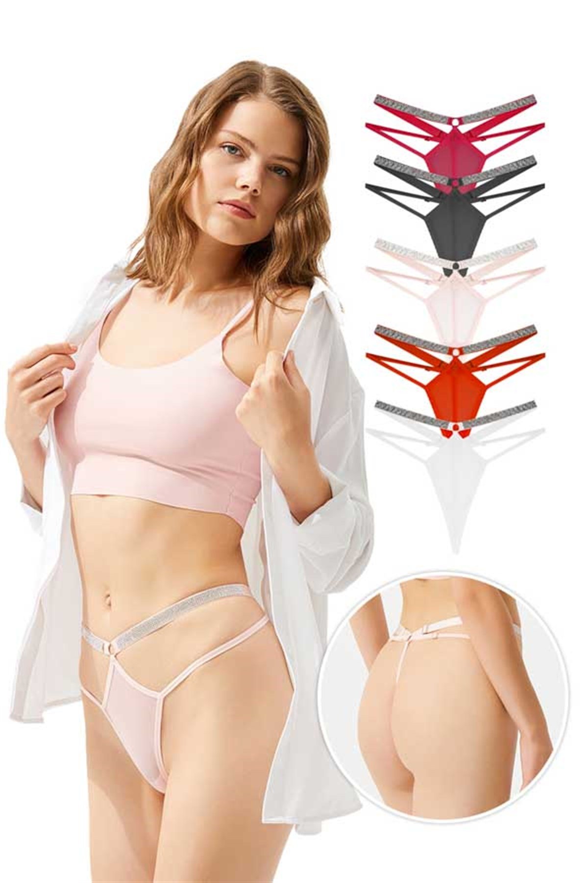 Tüllü Ayarlanabilir Lastikli Taş İşlemeli String Külot 5'li Paket