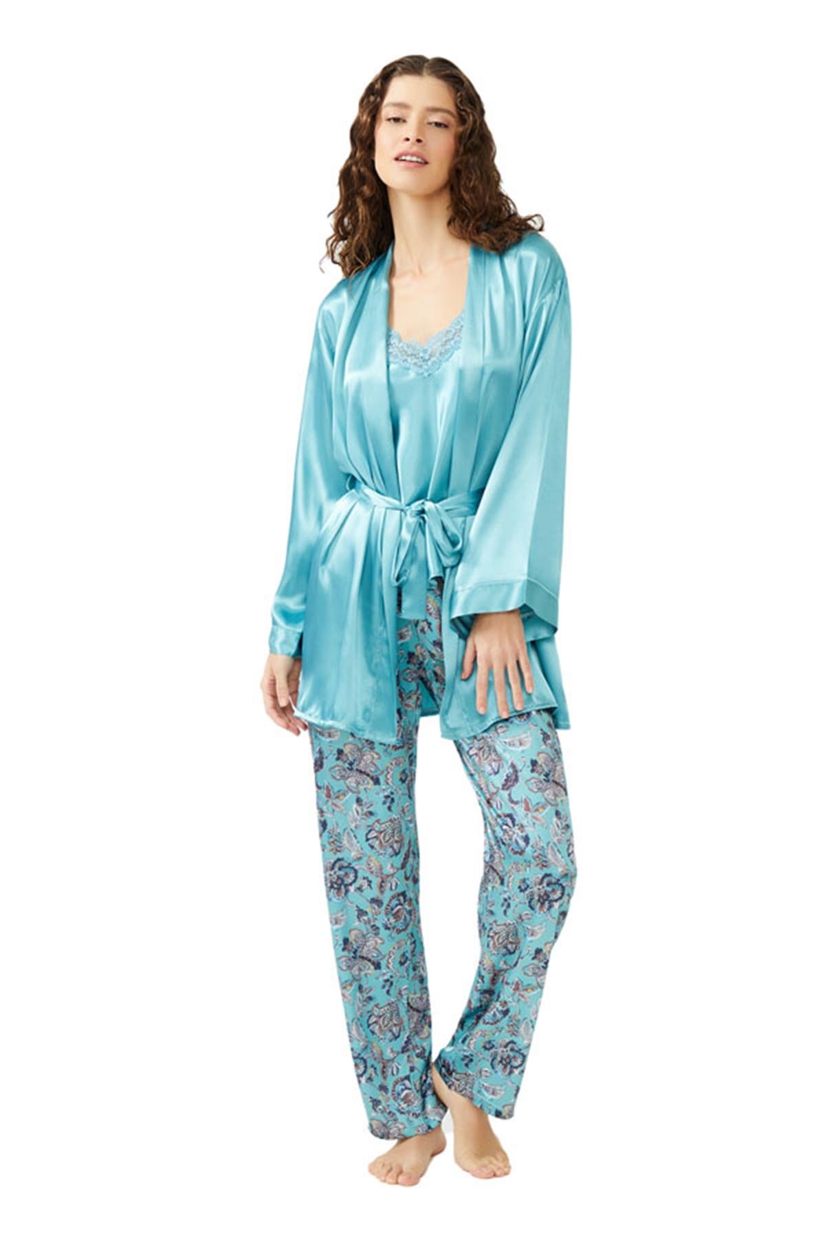 Turkuaz Dantel Detaylı Çiçek Desenli Saten Pijama Takımı 3'lü Set