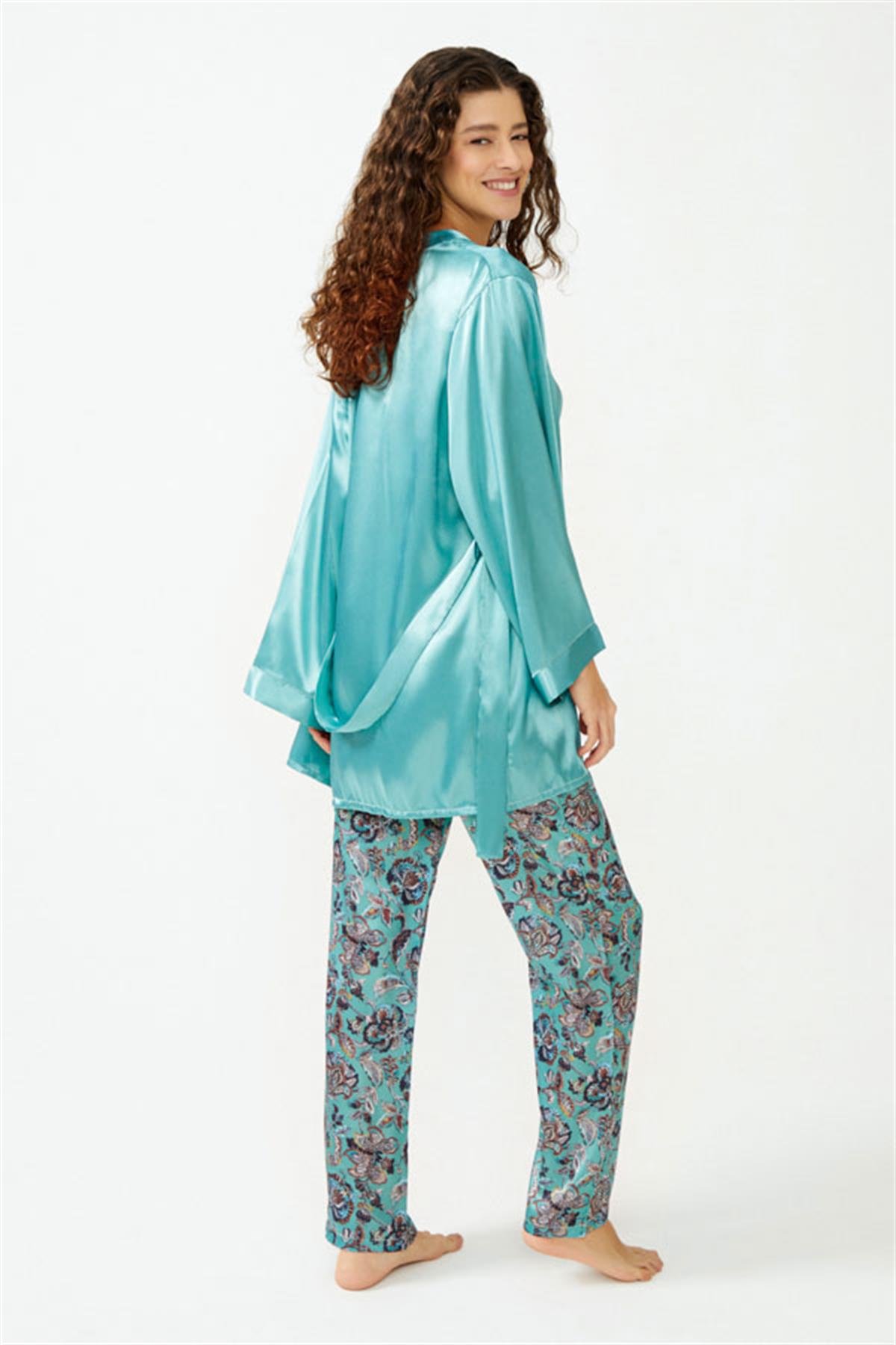 Turkuaz Dantel Detaylı Çiçek Desenli Saten Pijama Takımı 3'lü Set
