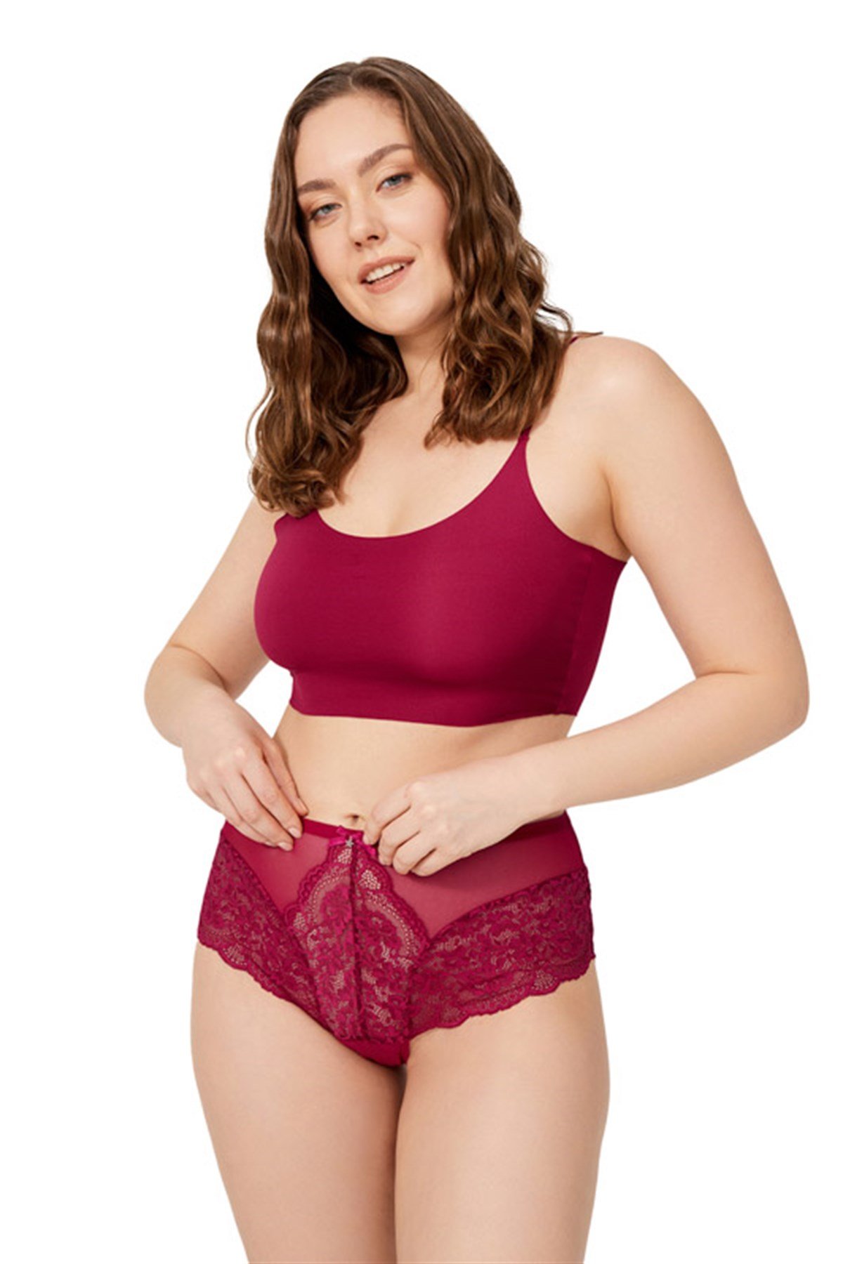 Vişne Dantel Detaylı Arkası Tül Büyük Beden Bikini Külot