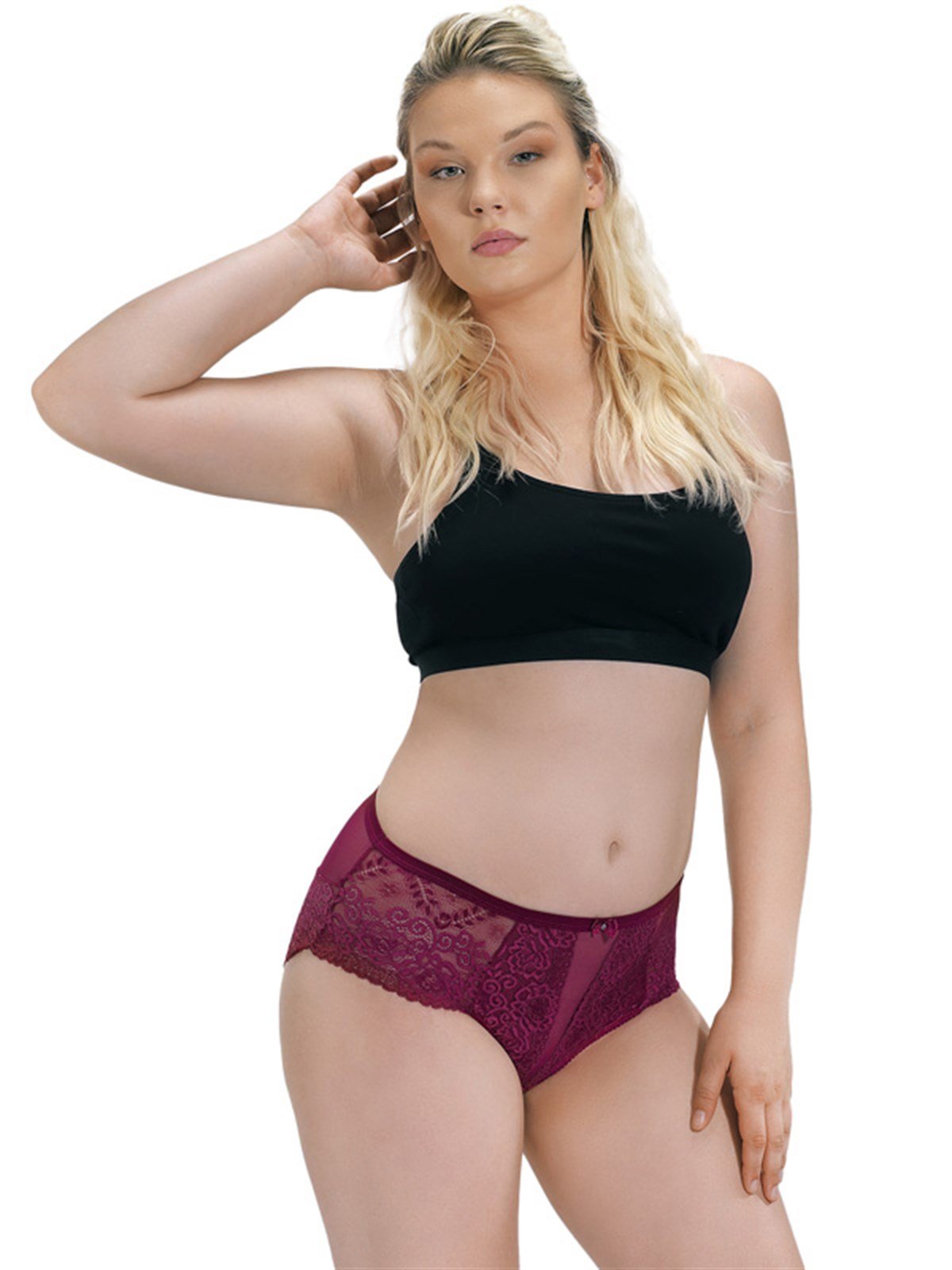 Vişne Transparan Dantel Tül Detayı Büyük Beden Kadın Bikini Külot