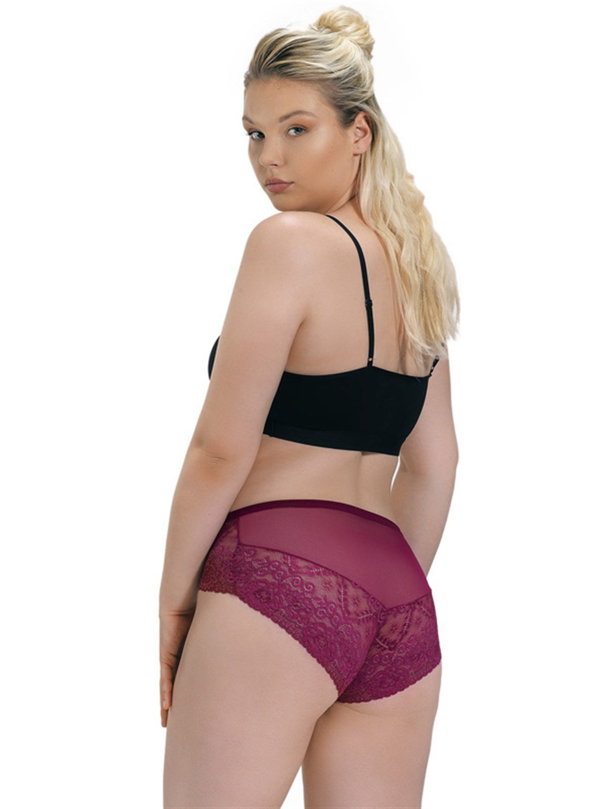 Vişne Transparan Dantel Tül Detayı Büyük Beden Kadın Bikini Külot
