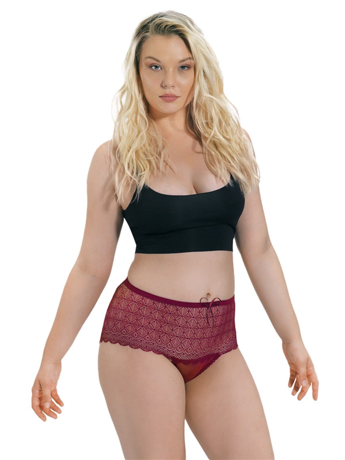 Vişne Transparan Dantel Yüksek Bel Büyük Beden Kadın Bikini Külot