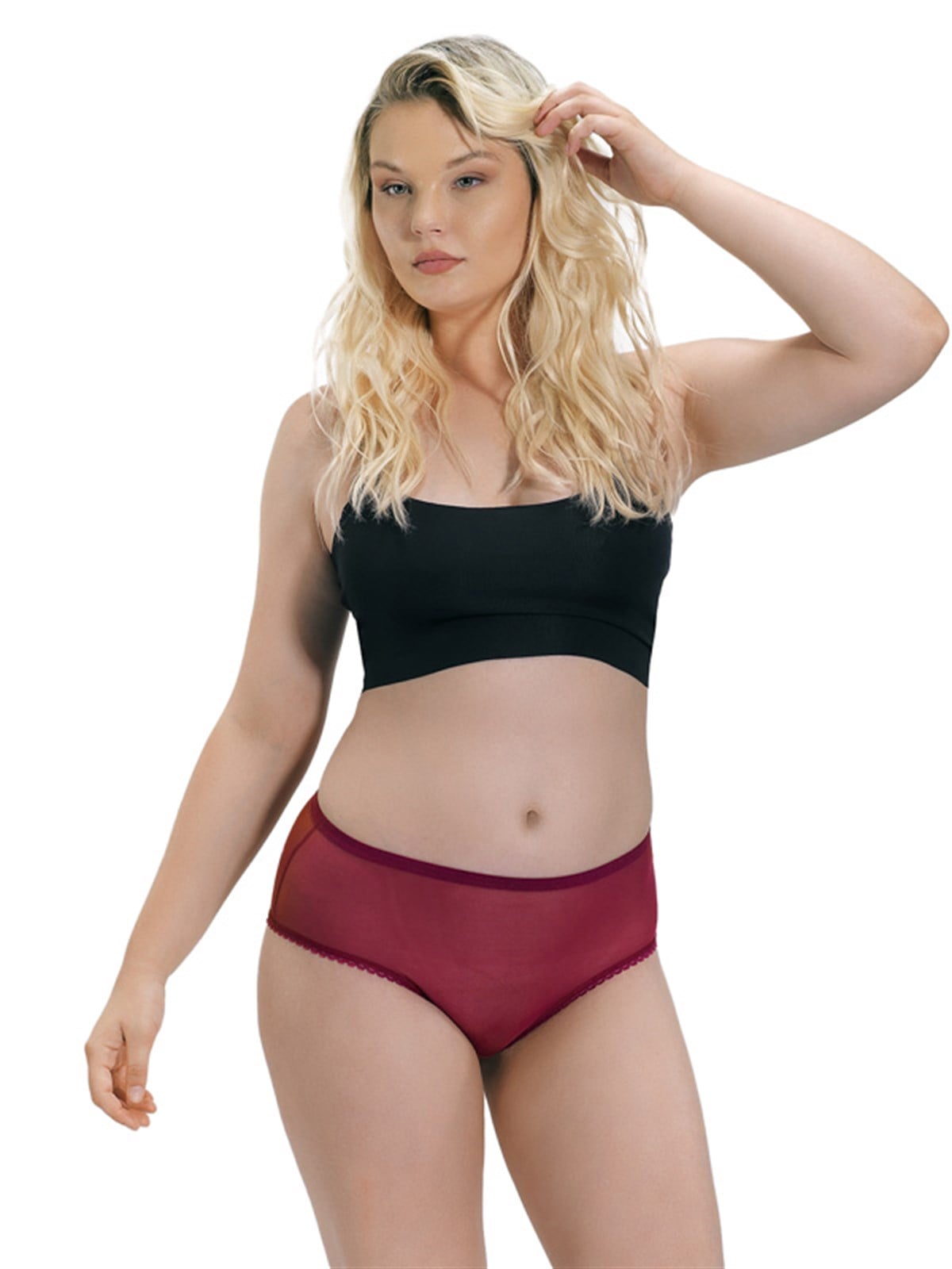 Vişne Transparan Dantelli İpli Büyük Beden Kadın Bikini Külot