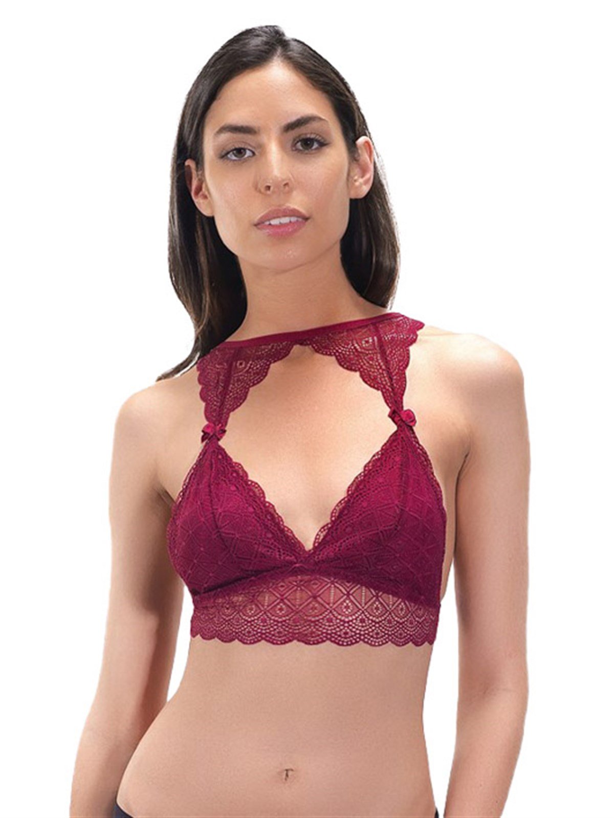 Vişne Yaka Detaylı Dantelli Kaplı Balensiz Kadın Bralet Büstiyer