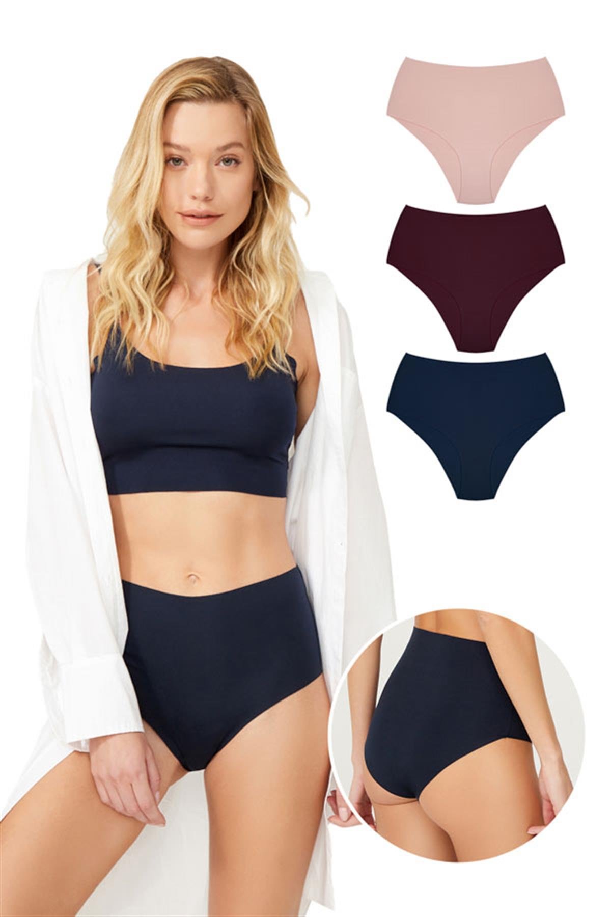 Yüksek Bel Basic Lazer Kesim Bikini Külot 3'lü Paket - 7