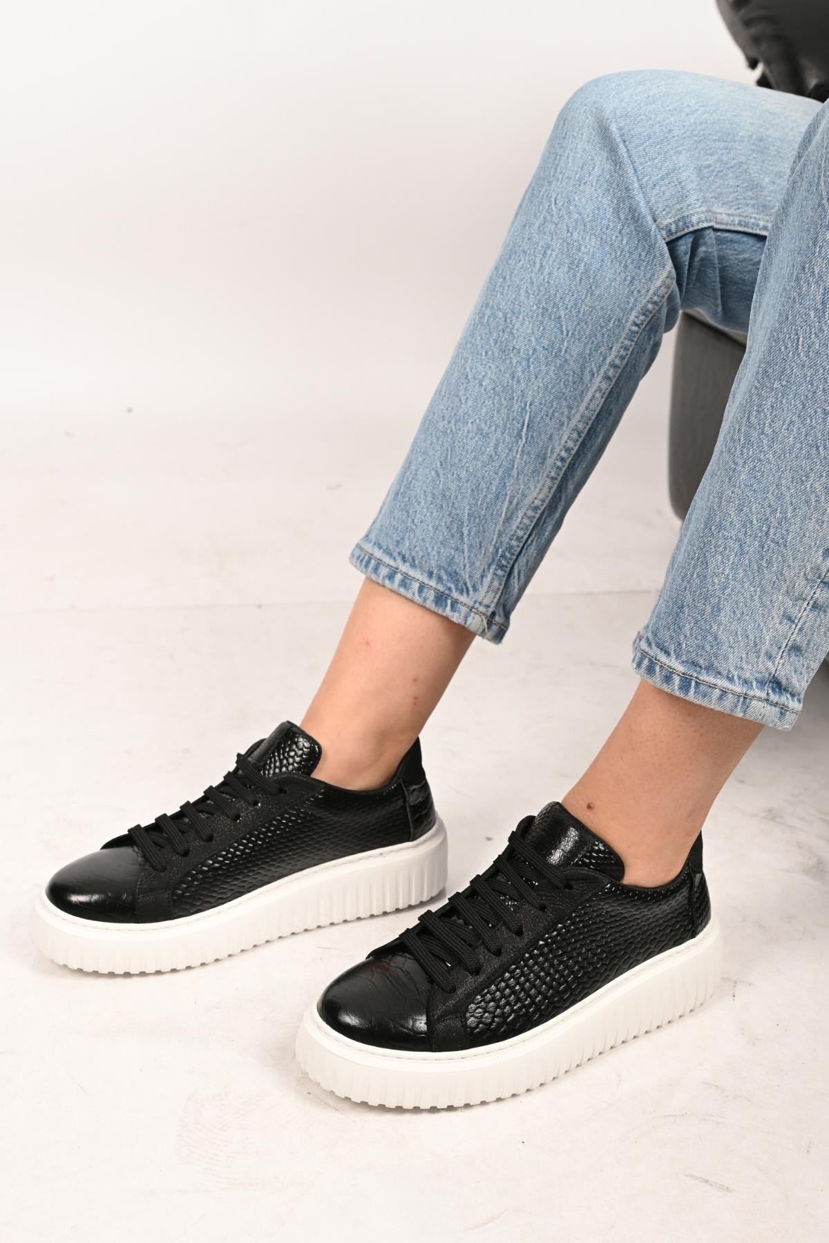 Bestello Bağcıklı Eva Taban Hakiki Deri Sneaker 101-4406-01 Kadın Ayakkabı101-4406-01_SIYAH ANAK_36Sneaker