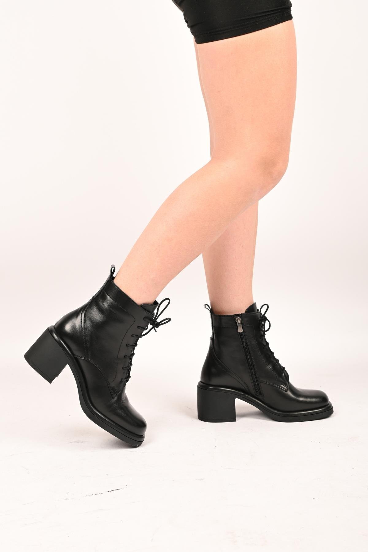 Bestello Bağcıklı Fermuarlı Termo Taban Hakiki Deri Topuklu Bot 336-1233 Kadın Bot336-1233_SIYAH_36Heeled Boots