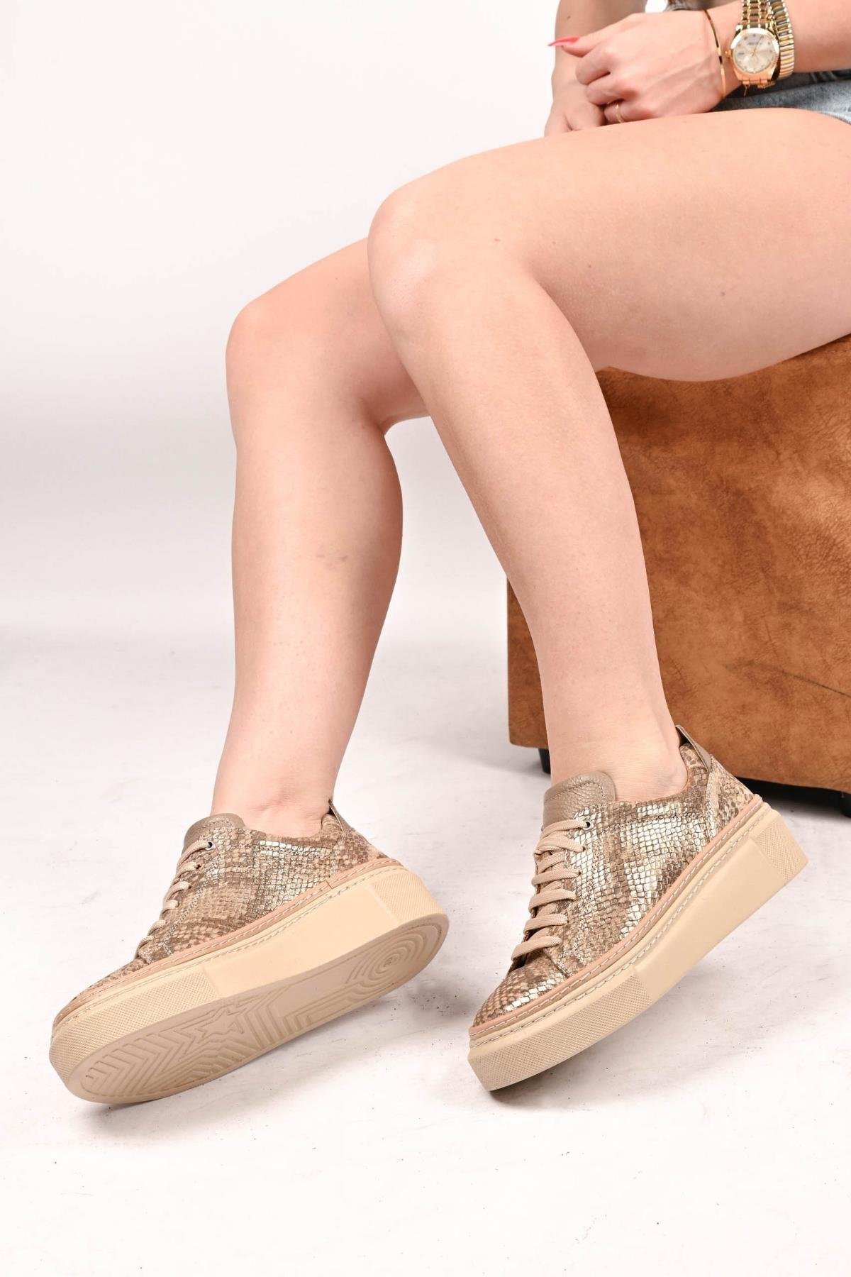 Bestello Bağcıklı Poli Taban Hakiki Deri Casual 334-5022-39 Kadın Ayakkabı334-5022-39_BEJ YILAN_36Casuals