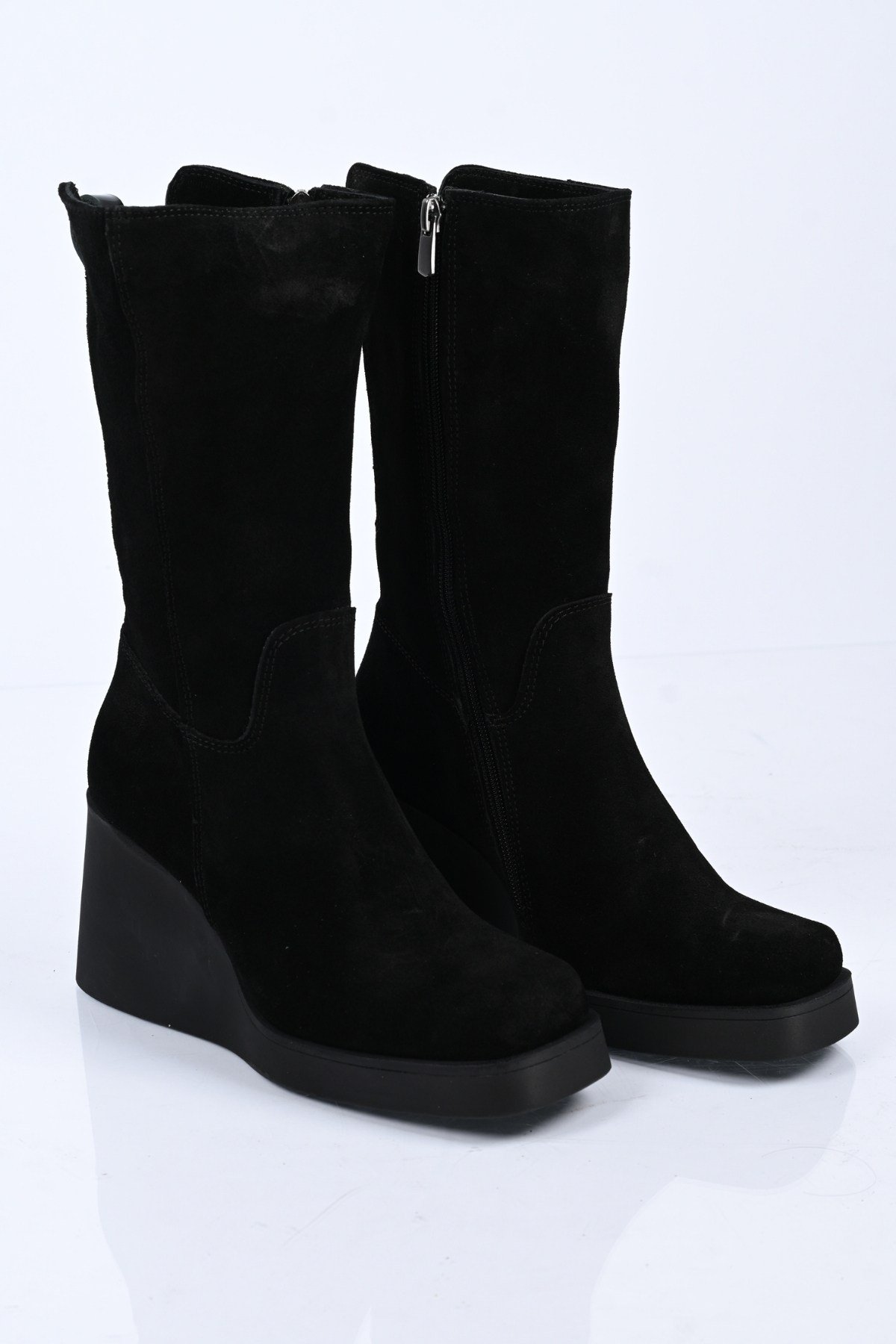 Bestello Bağcıksız Fermuarlı Hakiki Deri Dolgu Topuk Çizme 347-2501 Kadın Çizme347-2501_SIYAH SUET_36High Boots