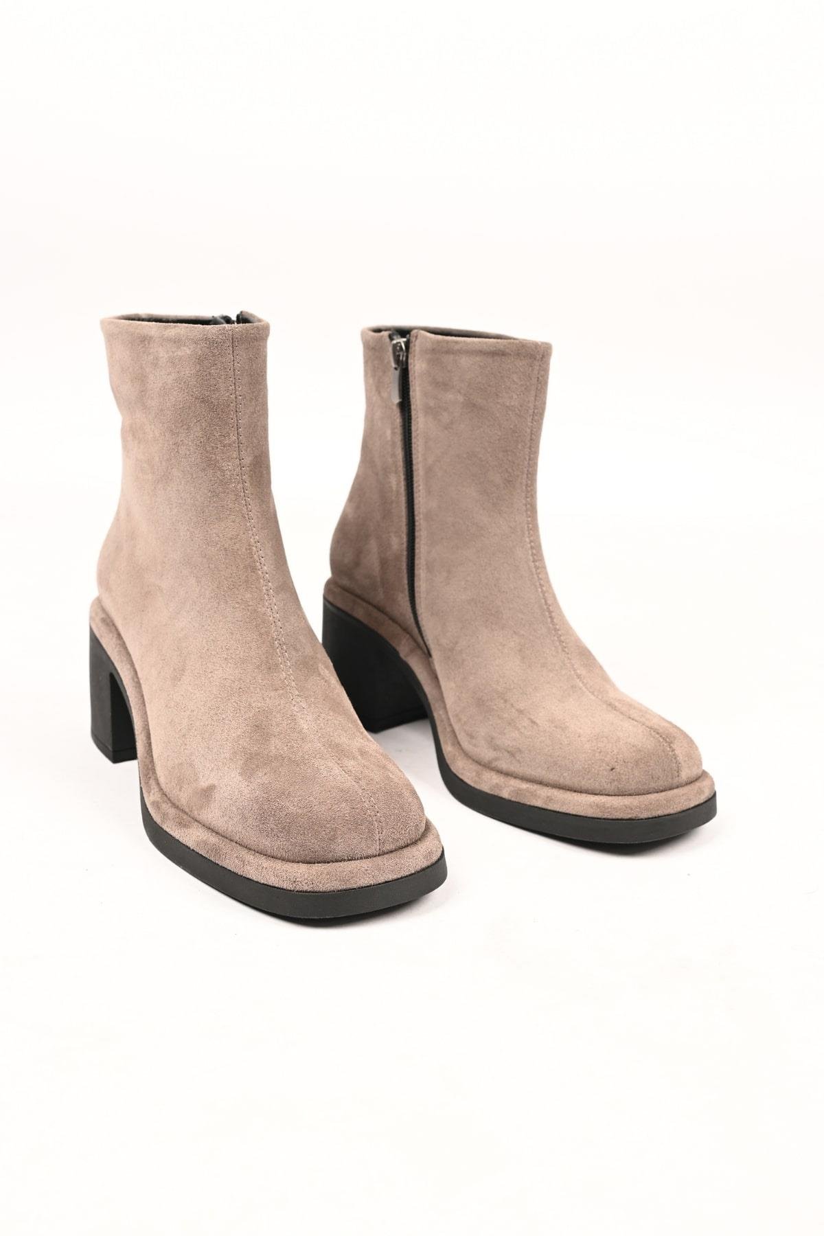 Bestello Bağcıksız Fermuarlı Termo Taban Hakiki Deri Topuklu Bot 336-1231 Kadın Bot336-1231_VIZON SUET_36Heeled Boots