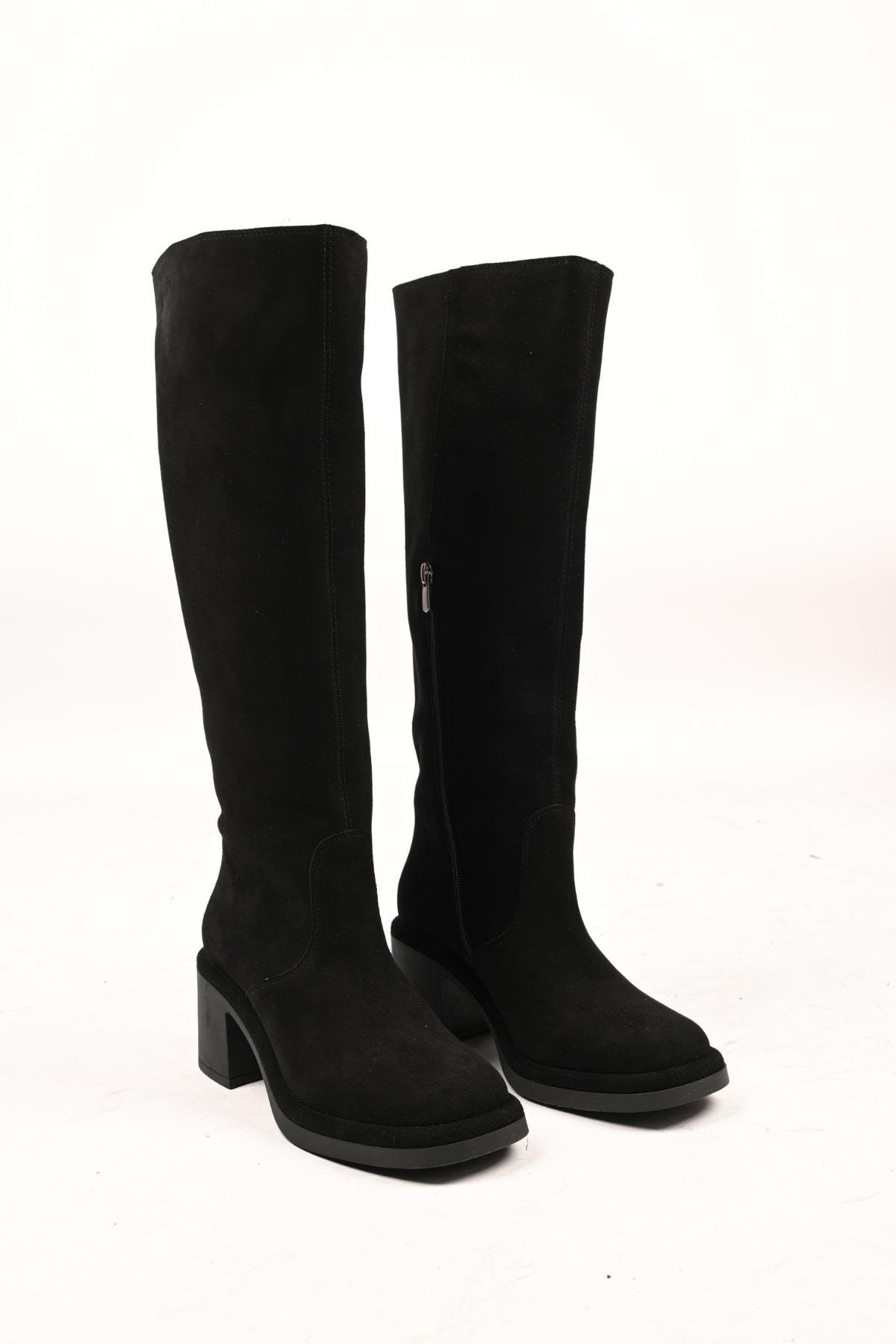 Bestello Bağcıksız Fermuarlı Termo Taban Hakiki Deri Topuklu Çizme 336-1235 Kadın Çizme336-1235_SIYAH SUET_36High Boots