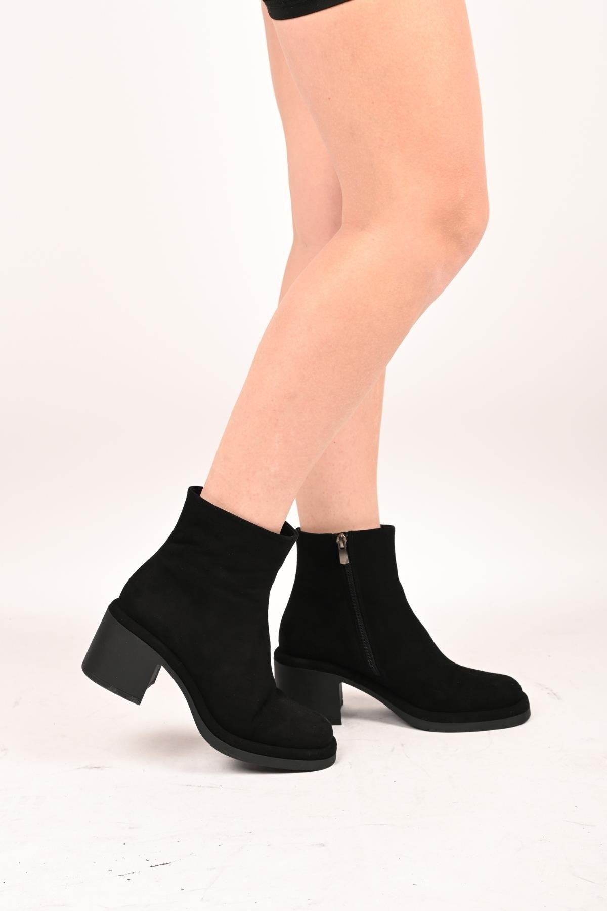 Bestello Bağcıksız Fermuarlı Termo Taban Hakiki Deri Topuklu Bot 336-1231 Kadın Bot336-1231_SIYAH SUET_36Heeled Boots