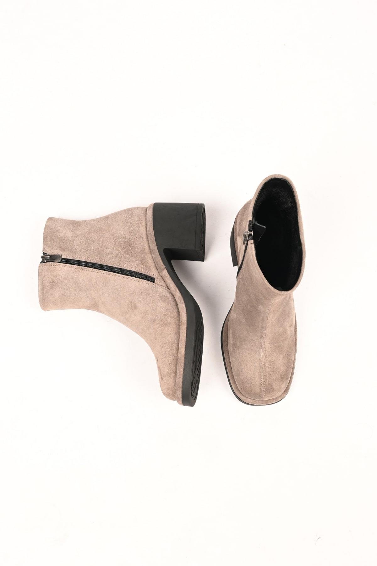 Bestello Bağcıksız Fermuarlı Termo Taban Hakiki Deri Topuklu Bot 336-1231 Kadın Bot336-1231_VIZON SUET_36Heeled Boots