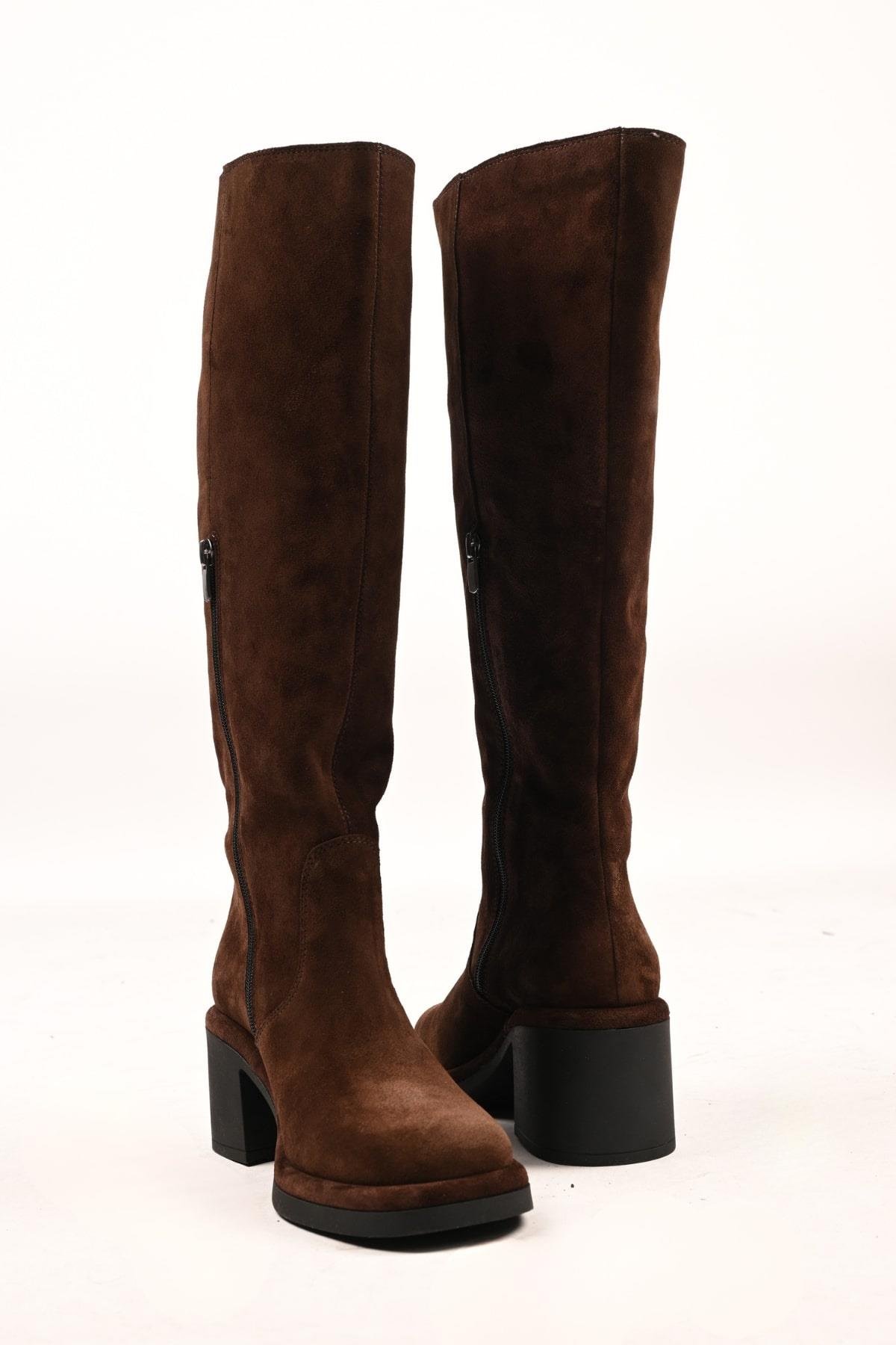 Bestello Bağcıksız Fermuarlı Termo Taban Hakiki Deri Topuklu Çizme 336-1235 Kadın Çizme336-1235_KAHVE SUET_36High Boots