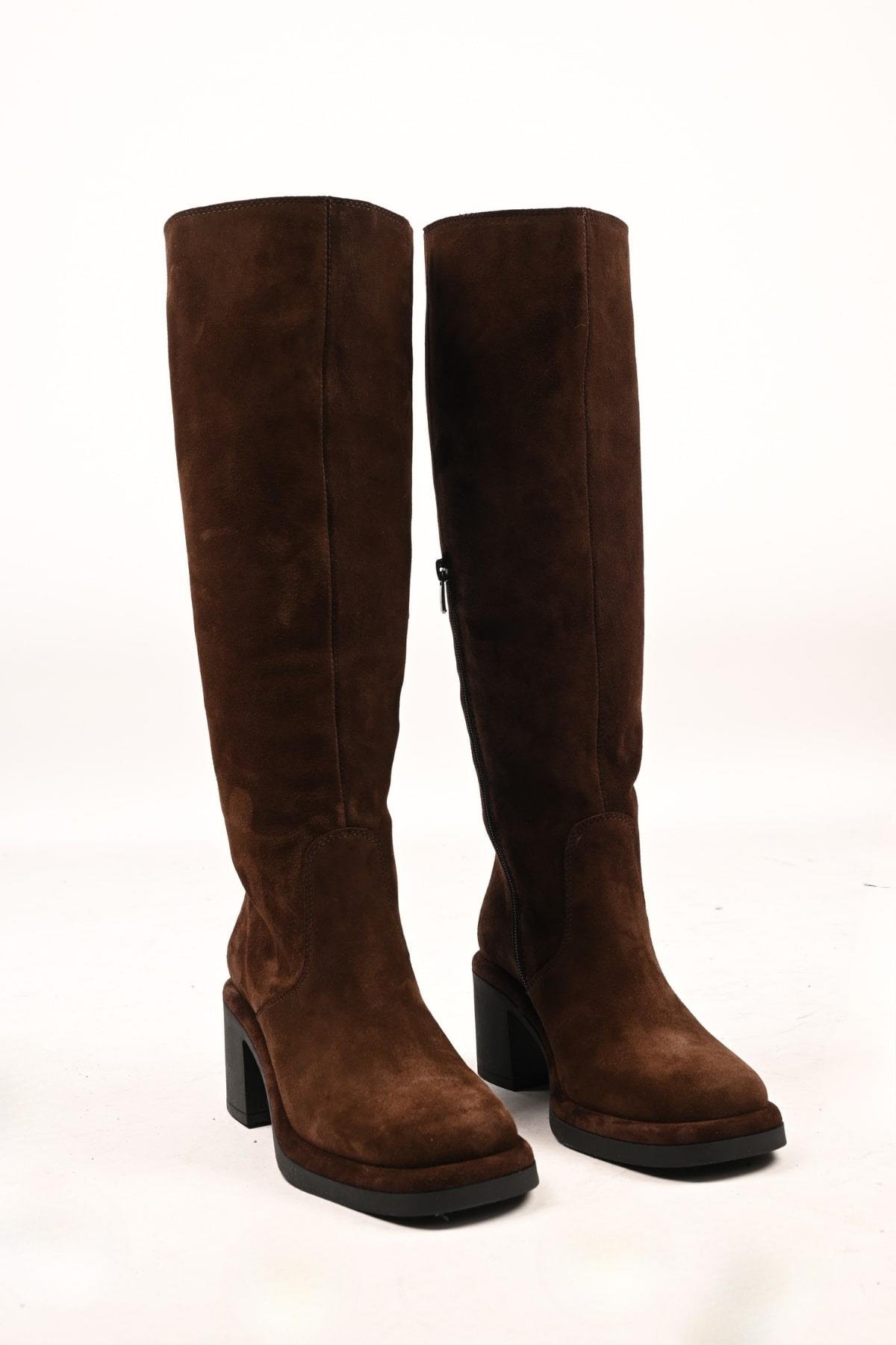 Bestello Bağcıksız Fermuarlı Termo Taban Hakiki Deri Topuklu Çizme 336-1235 Kadın Çizme336-1235_KAHVE SUET_36High Boots