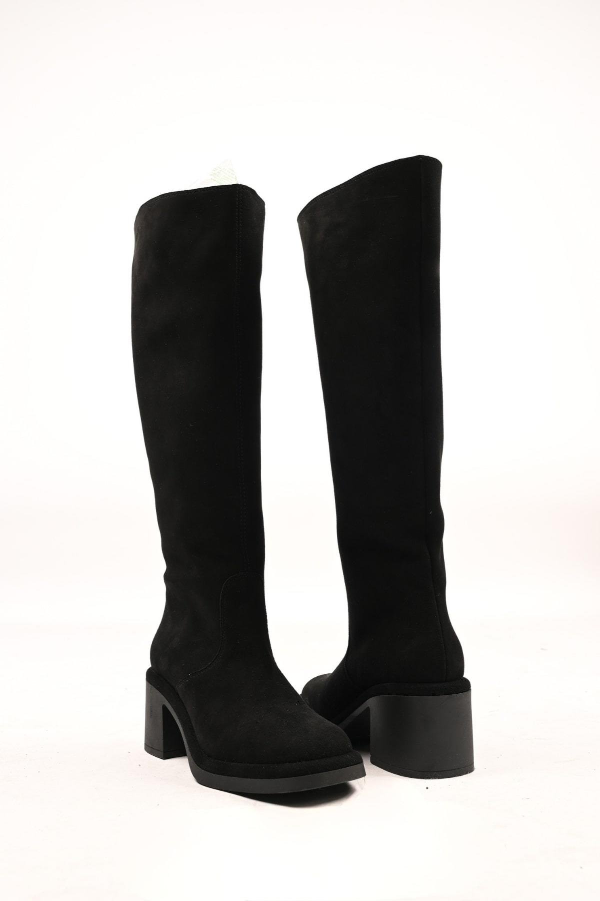 Bestello Bağcıksız Fermuarlı Termo Taban Hakiki Deri Topuklu Çizme 336-1235 Kadın Çizme336-1235_SIYAH SUET_36High Boots