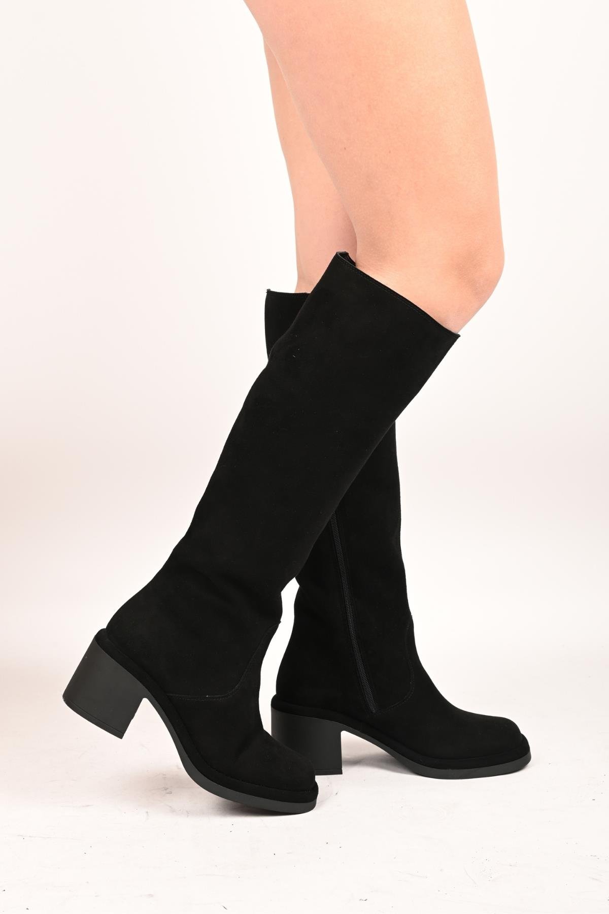 Bestello Bağcıksız Fermuarlı Termo Taban Hakiki Deri Topuklu Çizme 336-1235 Kadın Çizme336-1235_SIYAH SUET_36High Boots