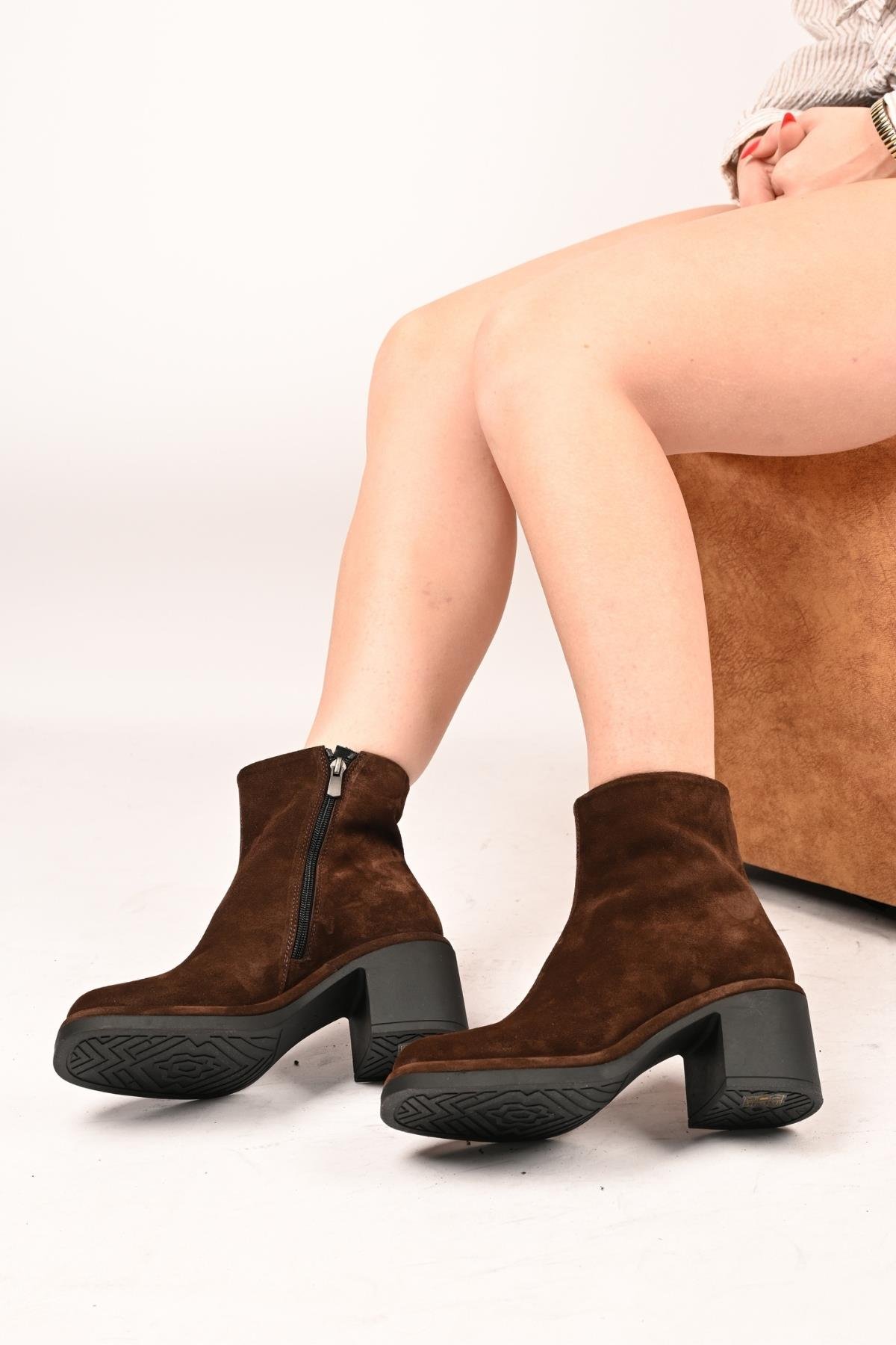 Bestello Bağcıksız Fermuarlı Termo Taban Hakiki Deri Topuklu Bot 336-1231 Kadın Bot336-1231_KAHVE SUET_36Heeled Boots
