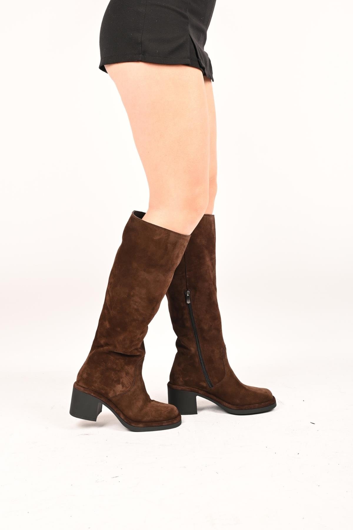 Bestello Bağcıksız Fermuarlı Termo Taban Hakiki Deri Topuklu Çizme 336-1235 Kadın Çizme336-1235_KAHVE SUET_36High Boots