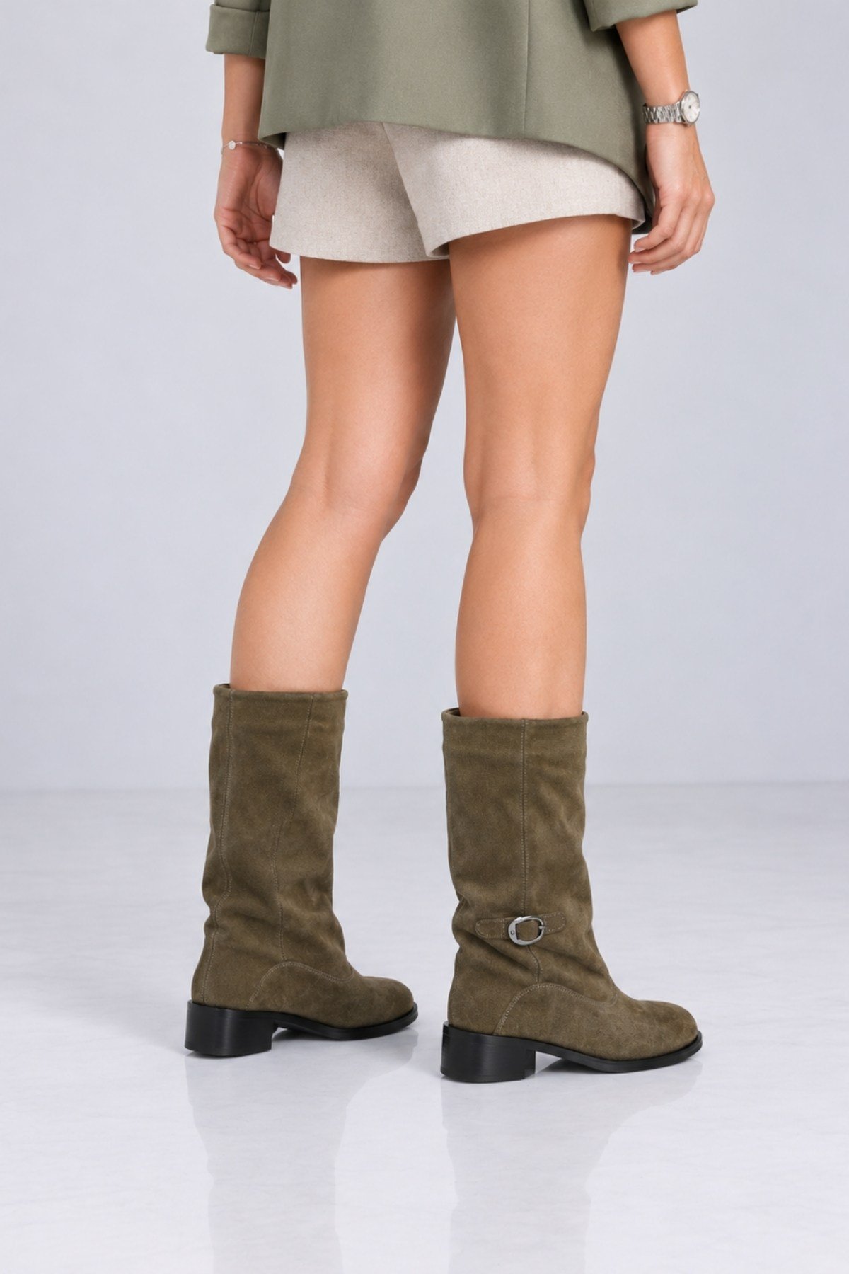 Bestello Bağcıksız Fermuarsız Hakiki Deri Geniş Konç Bot 340-5202 Kadın Bot340-5202_HAKI SUET_36Casual Boots