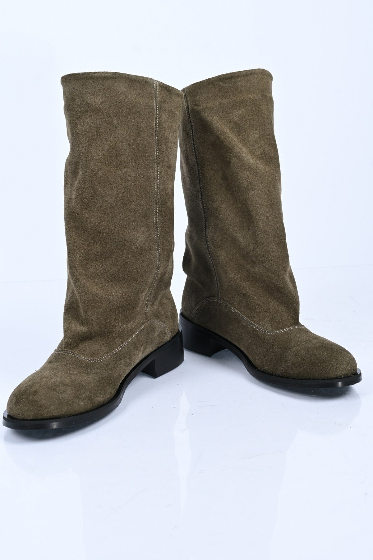Bestello Bağcıksız Fermuarsız Hakiki Deri Geniş Konç Bot 340-5202 Kadın Bot340-5202_HAKI SUET_36Casual Boots